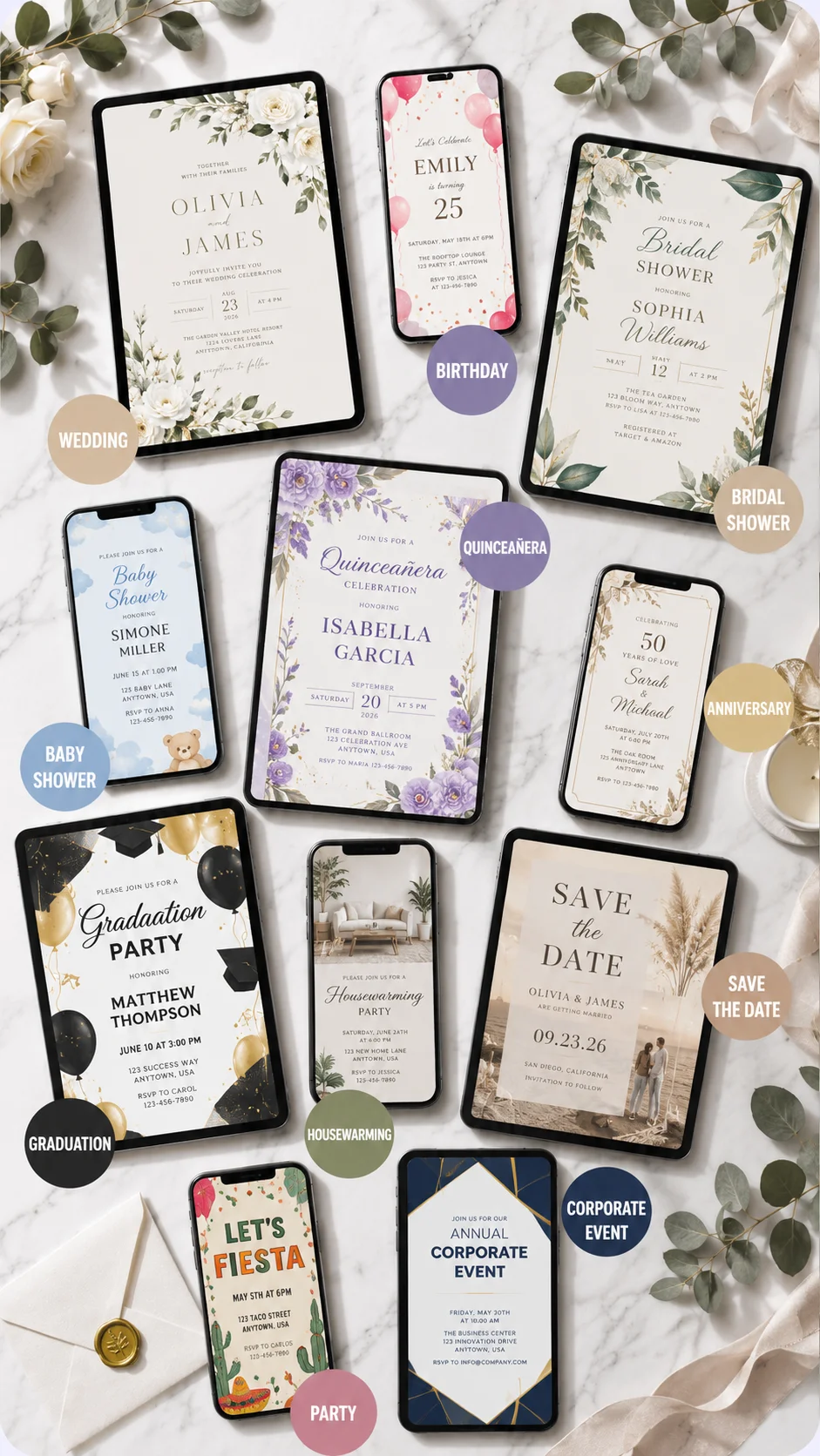 Collage of editable digital invitation templates displayed on tablets and smartphones, featuring wedding invitations, birthday invitations, baby shower invitations, bridal shower invitations, graduation party invites, housewarming invitations, corporate event invitations, anniversary cards, save the date templates, and party invitations.