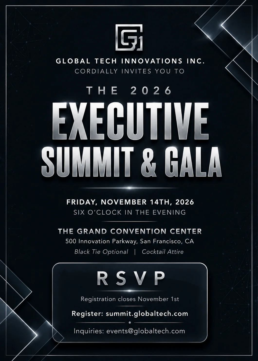 Editable corporate event invitation Canva template with a sleek black background, silver typography, and a premium executive summit gala design.