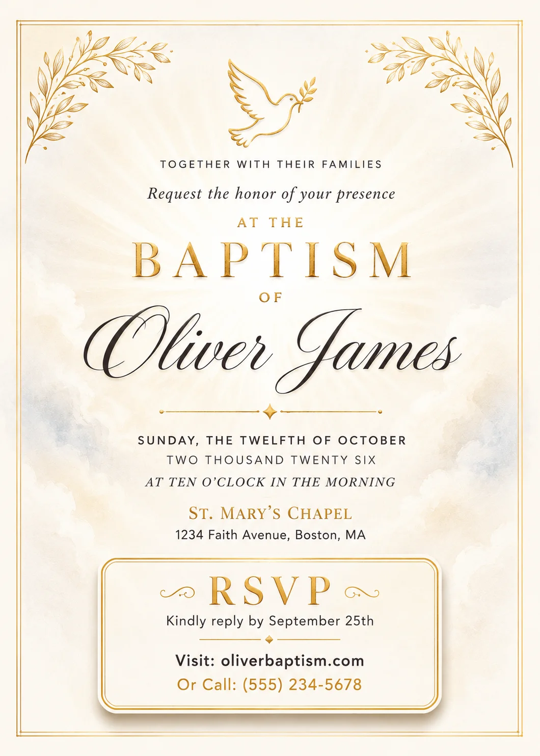 Editable gold dove baptism invitation Canva template with botanical accents, soft ivory background, and an elegant christening design for Oliver James.