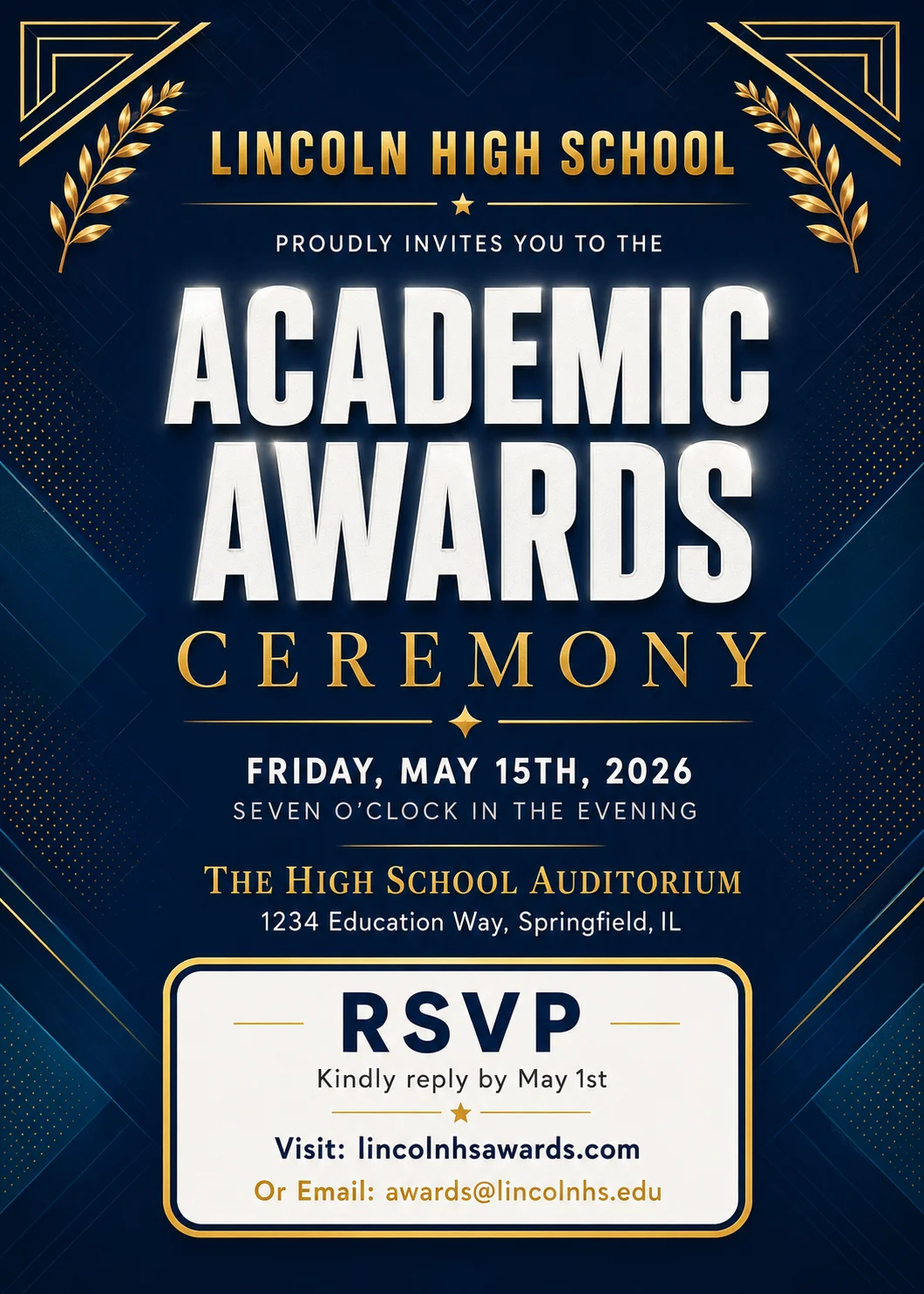 Editable high school academic awards invitation template with gold accents, navy blue background, and a formal ceremony layout for a school awards event.