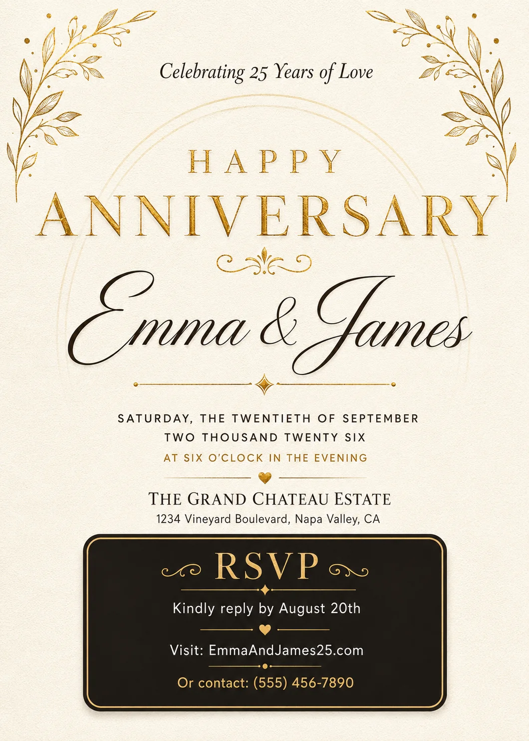 Editable milestone anniversary invitation template with gold floral accents, elegant typography, and a luxury 25 years of love celebration RSVP layout.