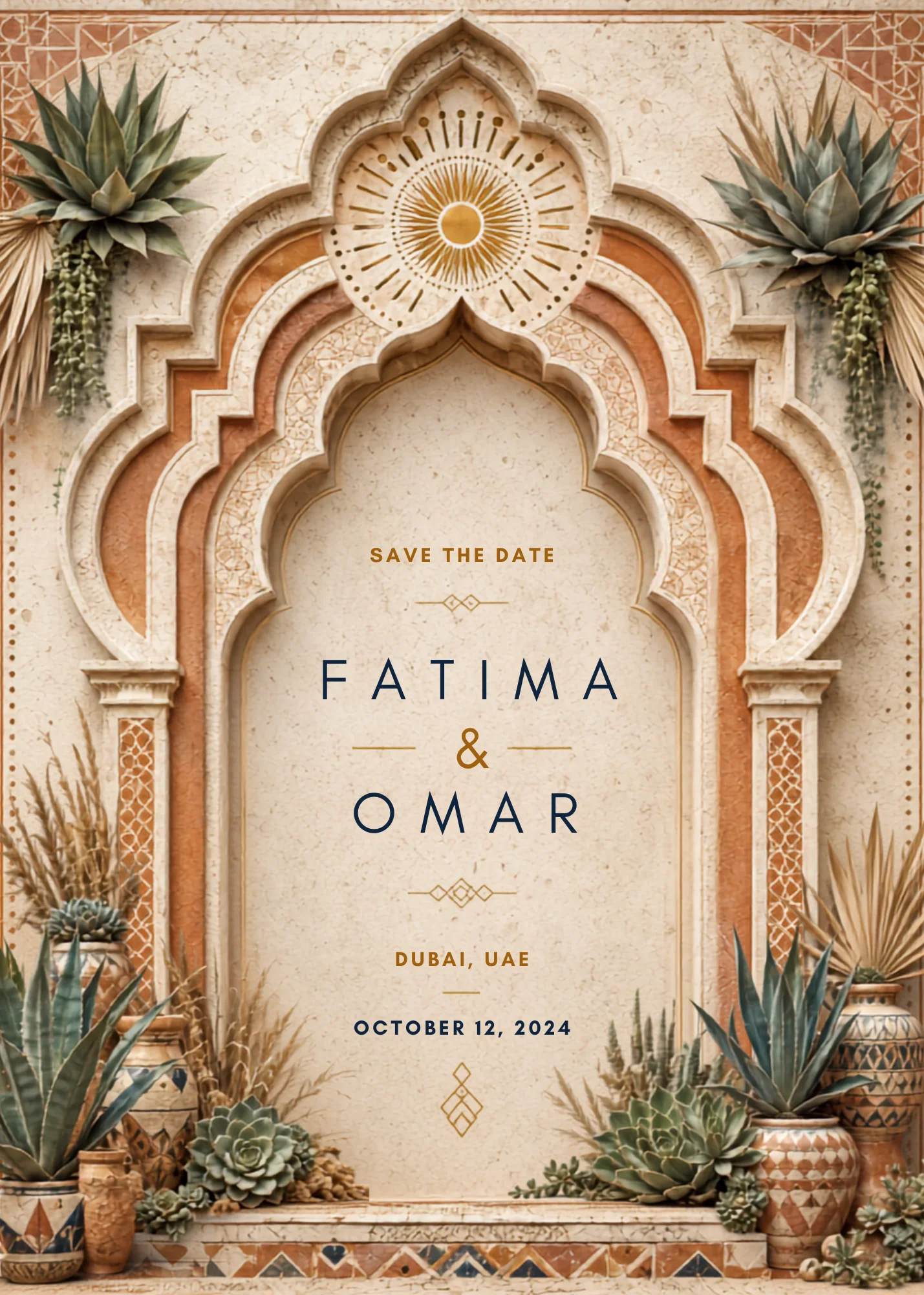 Editable digital save the date invitation featuring a cream and terracotta Islamic archway with geometric patterns, potted succulents, and dried pampas grass, displaying the names Fatima & Omar and a Dubai wedding date.