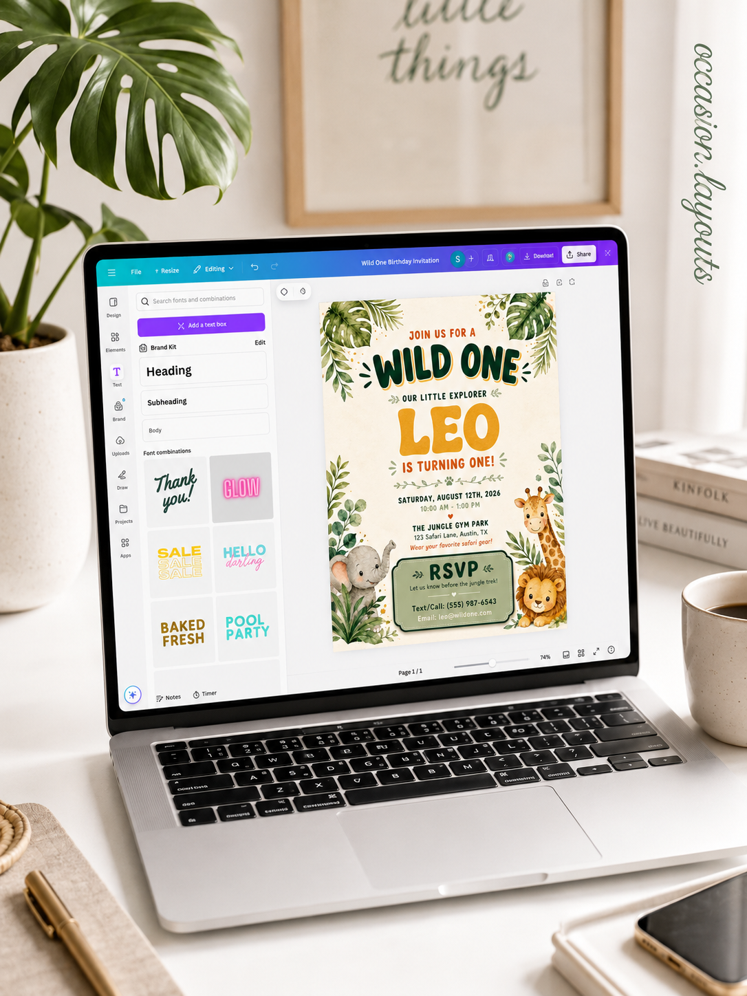 Kids jungle safari birthday invitation with watercolor leaves, cute safari animals, and a playful Wild One theme shown in a laptop Canva editing mockup.