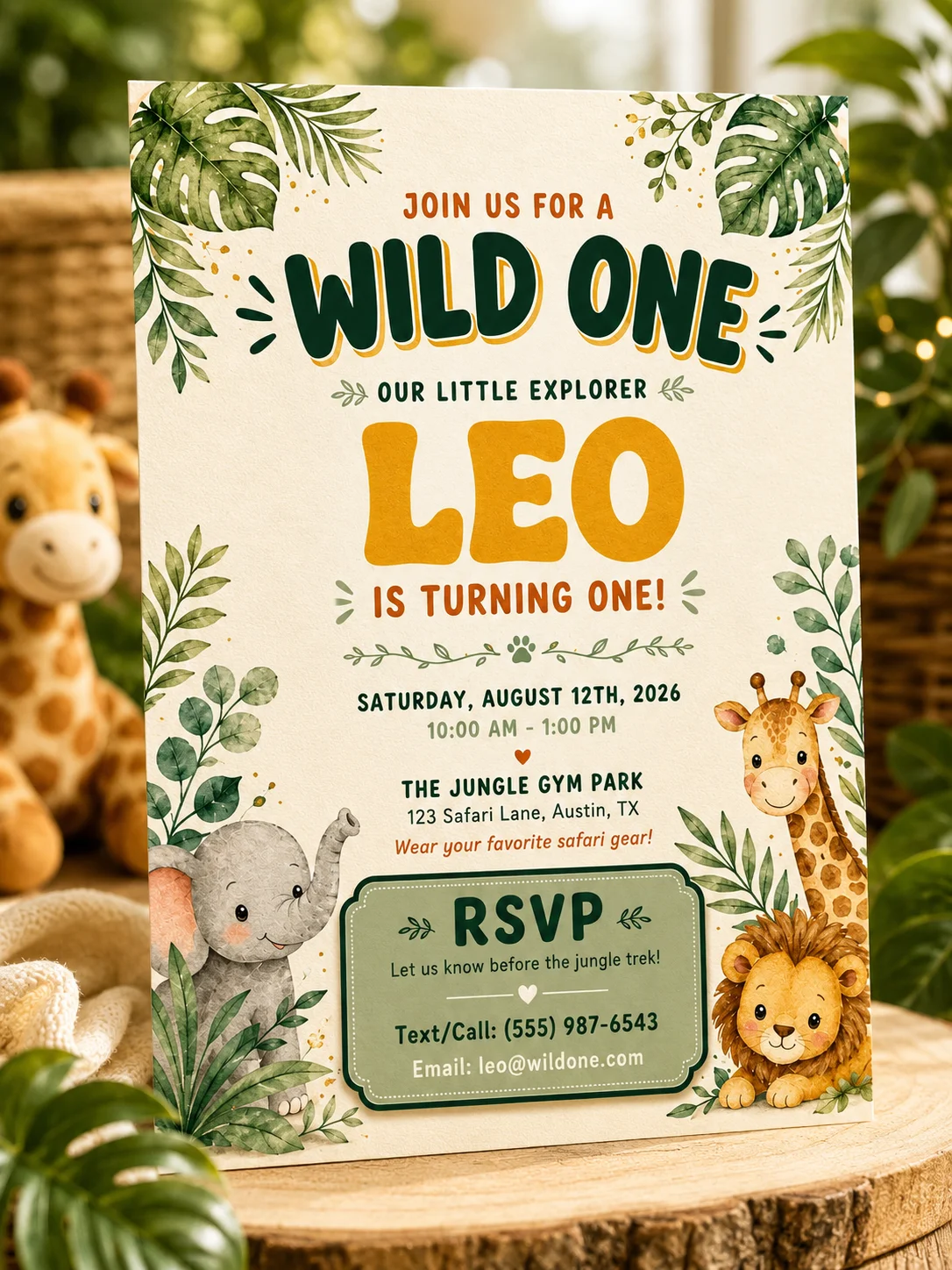 Kids jungle safari birthday invitation with watercolor leaves, cute safari animals, and a playful Wild One theme in a tabletop mockup.