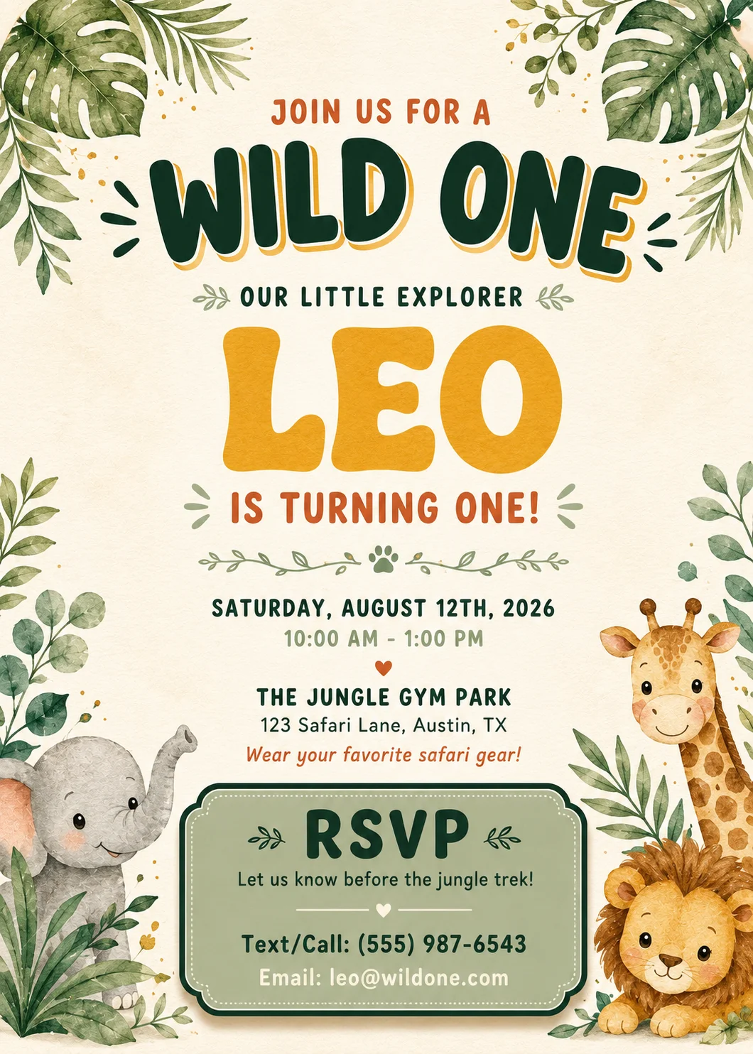 Kids jungle safari birthday invitation with watercolor leaves, cute animals, and a playful Wild One theme for Leo’s first birthday.