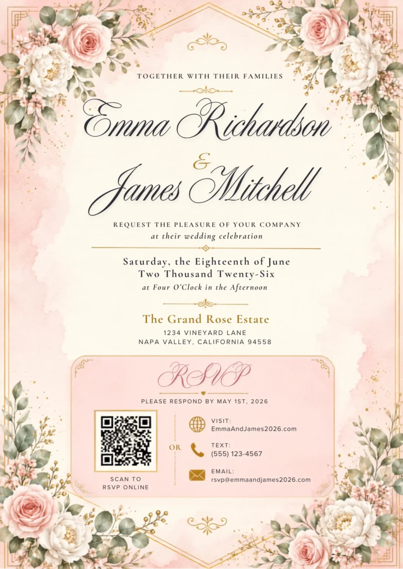 Editable Blush Pink Floral Wedding Invitation template with blush pink roses, elegant gold accents, and a luxury RSVP section for modern romantic wedding stationery.