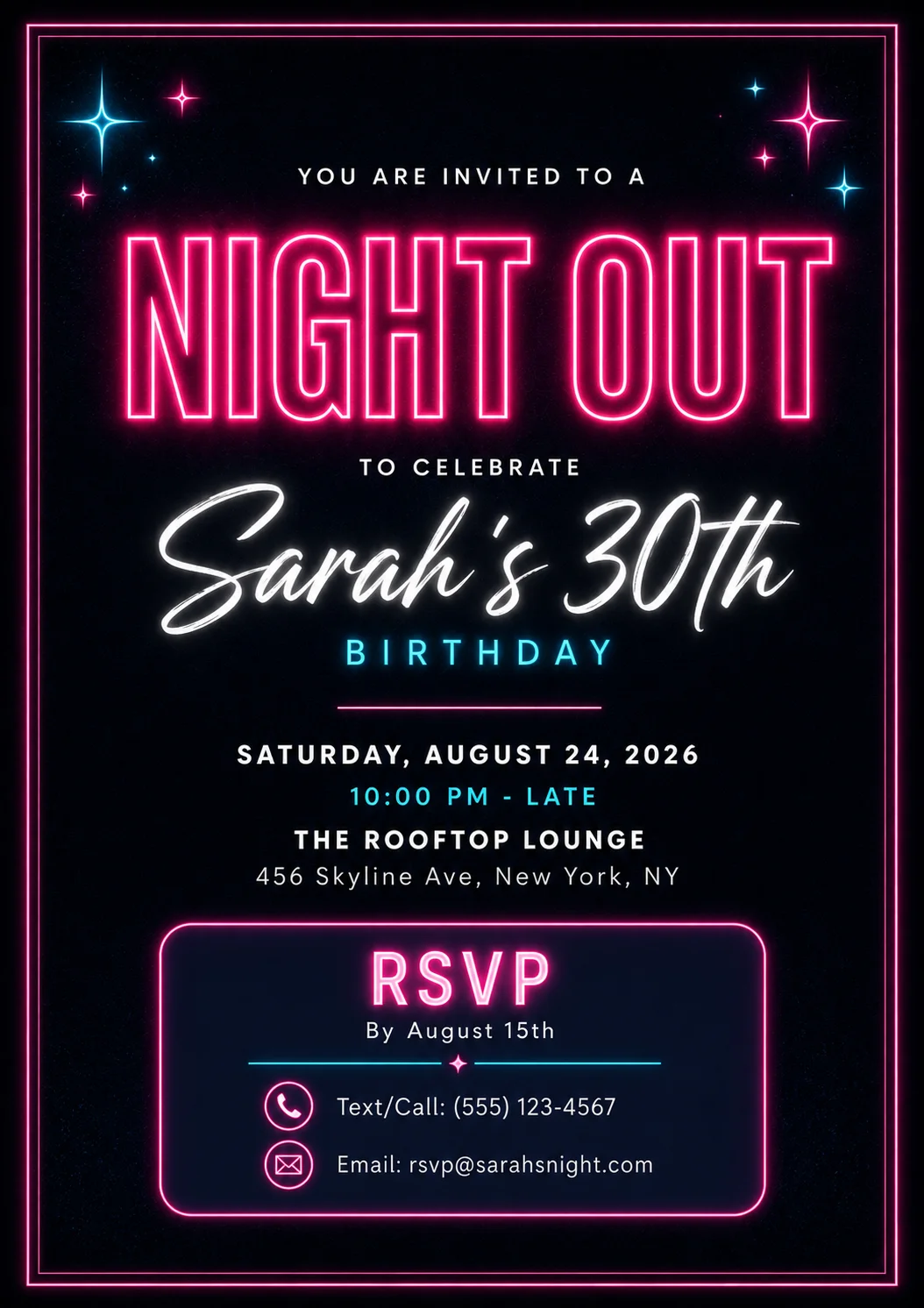 Neon Night Out birthday invitation template with bright pink neon typography, glowing stars, and a modern black club party design for a 30th birthday celebration.