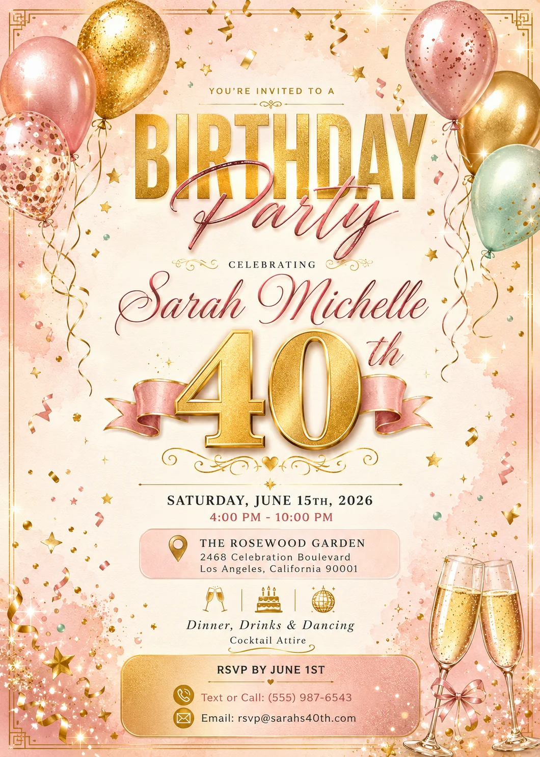 Rose gold 40th birthday invitation template with gold balloons, confetti, champagne glasses, and an elegant glam birthday party design.