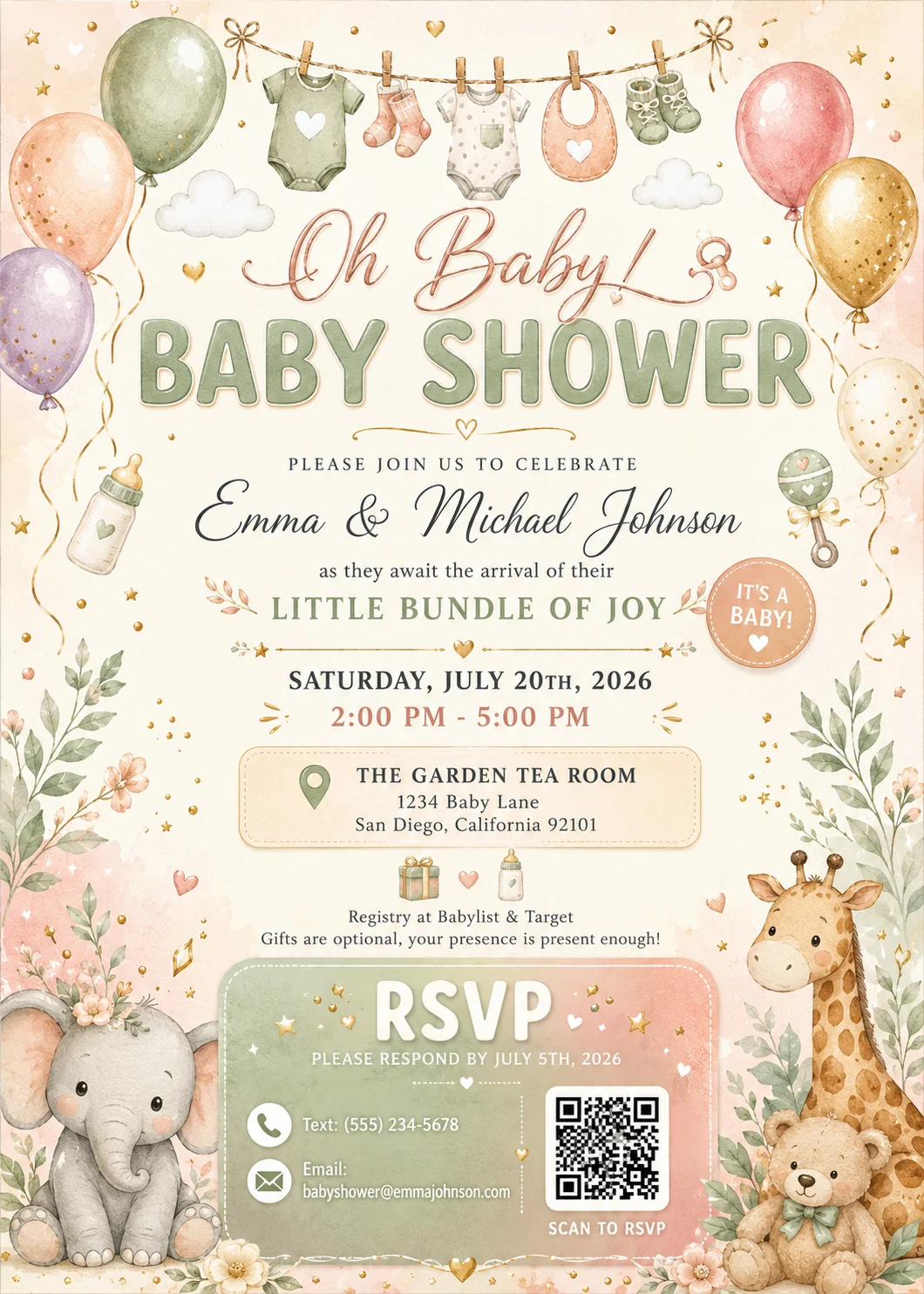 Safari animal baby shower invitation template with watercolor giraffe, elephant, teddy bear, balloons, and a cute jungle baby shower RSVP design.