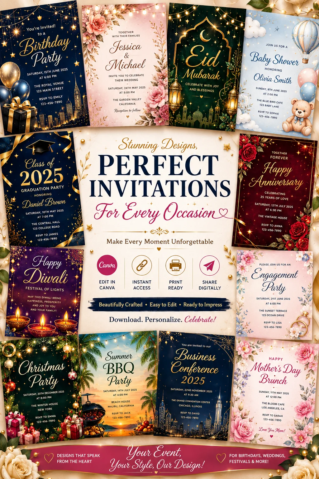 Collage of editable invitation templates for weddings, birthdays, baby showers, graduations, anniversaries, business events, housewarming, Eid, and Mehndi, customizable in Canva.