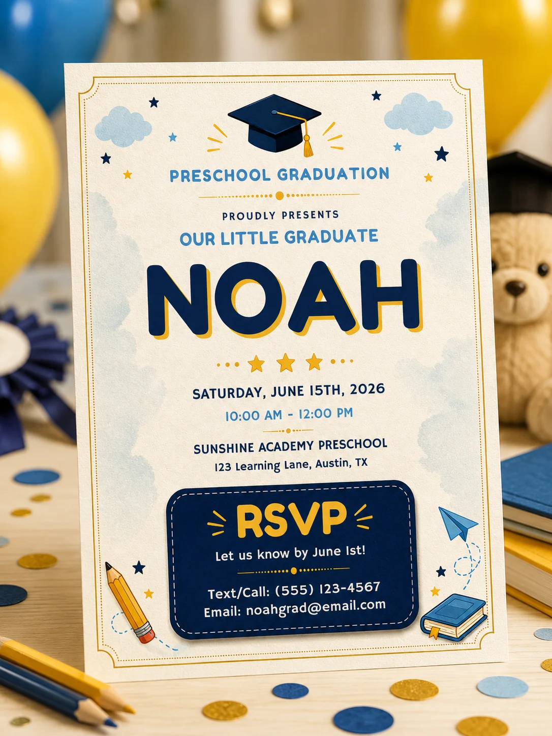 Cute Editable Graduation Invitation with bright cheerful colors and fun graphics. Editable Canva template for preschool milestones.