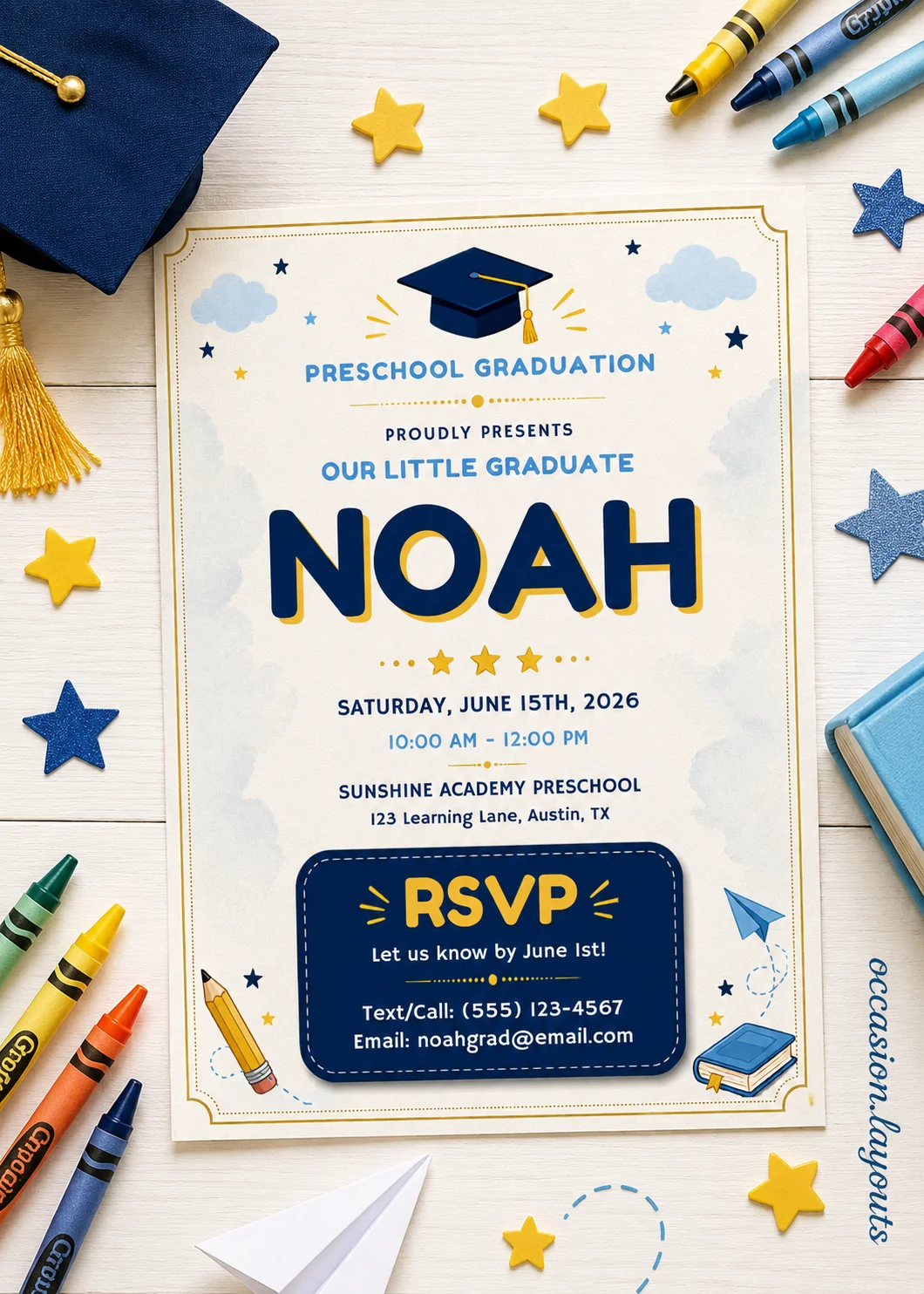 Cute Editable Graduation Invitation with celebratory bright colors and festive graphics. Editable Canva template for preschool graduation.