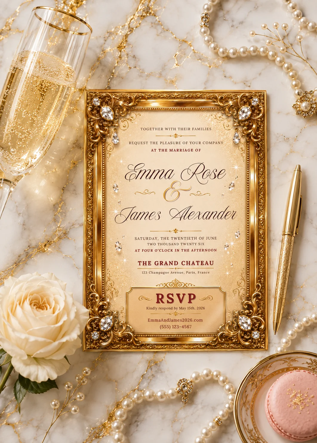 Luxury Gold Diamond Editable Wedding Invitation in a glam flat lay with pearls, champagne, and gold details