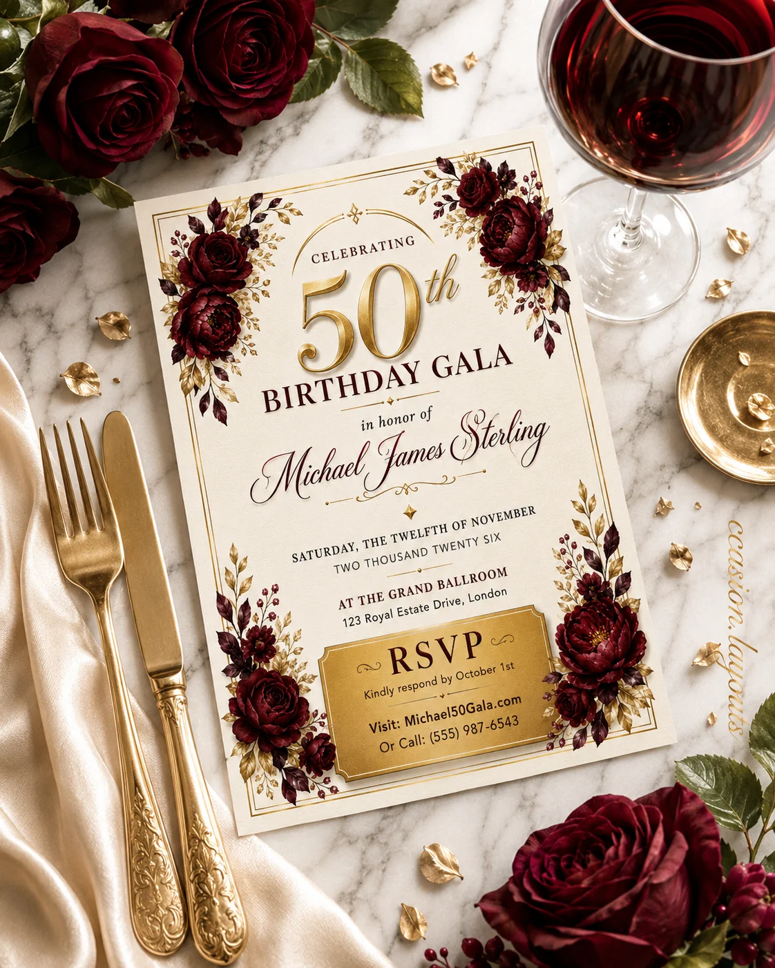 Classic gold foil 50th birthday invitation template on dark background. Editable Canva design for sophisticated gala celebrations.