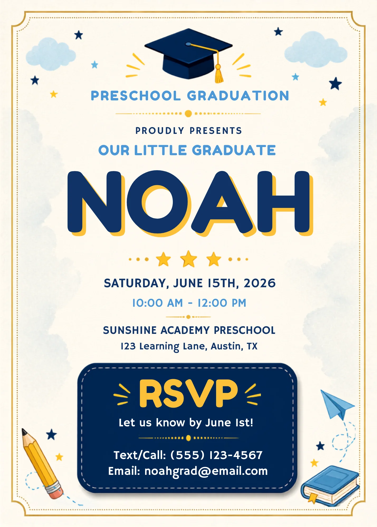 Cute Editable Graduation Invitation with playful caps and stars. Editable Canva template for preschool graduation celebrations.