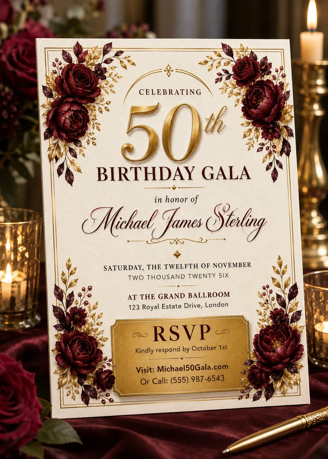Stunning Luxury Floral Editable Birthday Invitation | Instant Download Burgundy & Gold Gala Party Invite for Any Milestone Celebration - Image 2