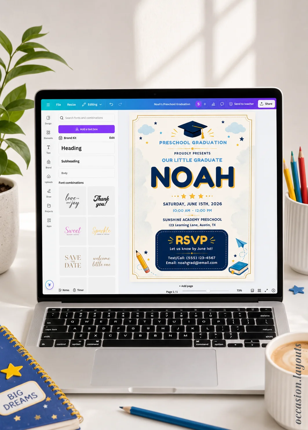 Cute Editable Graduation Invitation shown in Canva editor with playful design elements. Editable template for preschool graduation.