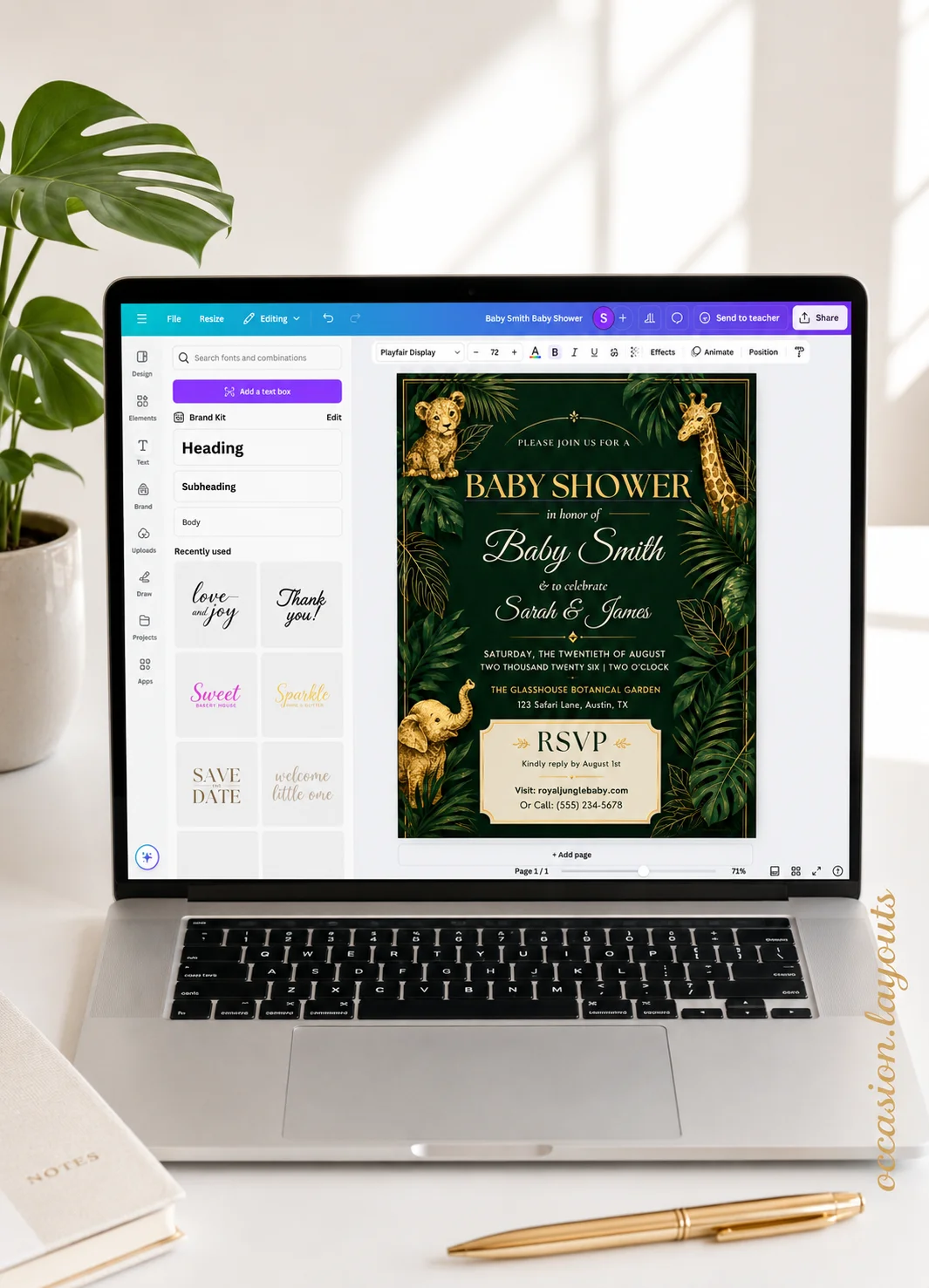 Royal Jungle Editable Baby Shower Invitation with clean editorial layout. Modern Canva template for sophisticated e-invites.
