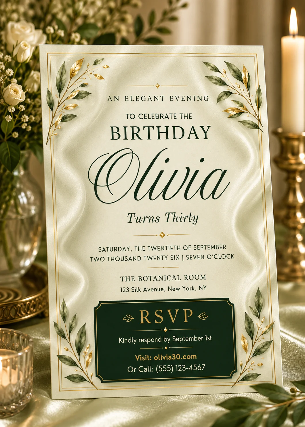 Elegant calligraphy script 30th birthday invitation template with feminine floral accents. Editable Canva design for chic soirée celebrations.