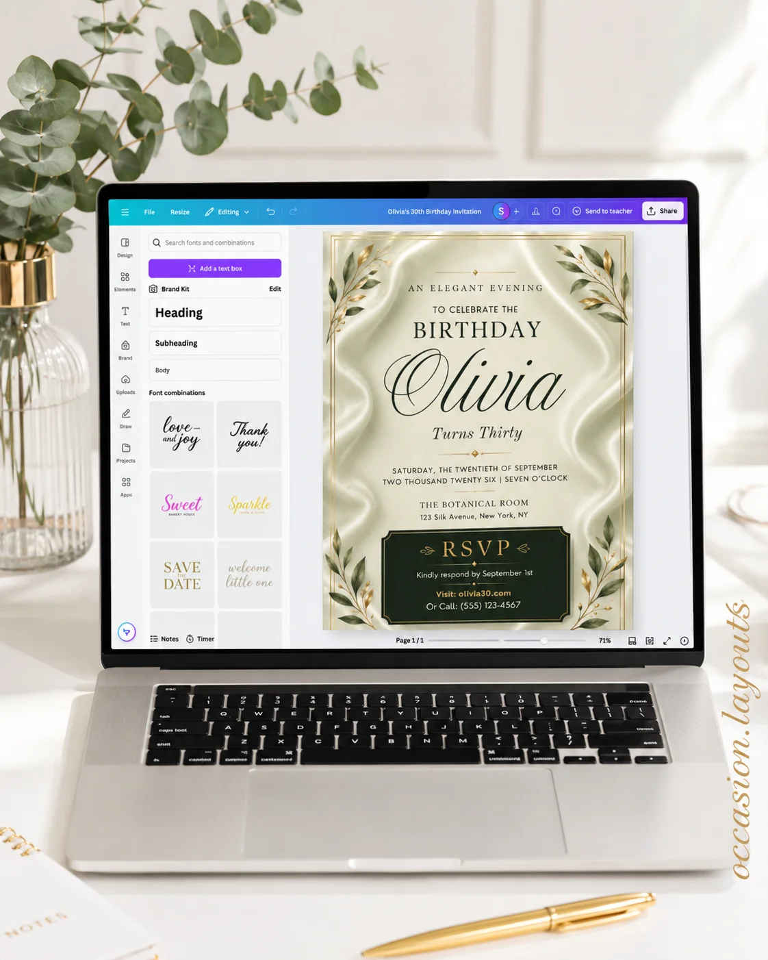 Feminine modern script 30th birthday invitation in Canva editor with trendy typography. Editable template for chic soirée celebrations.