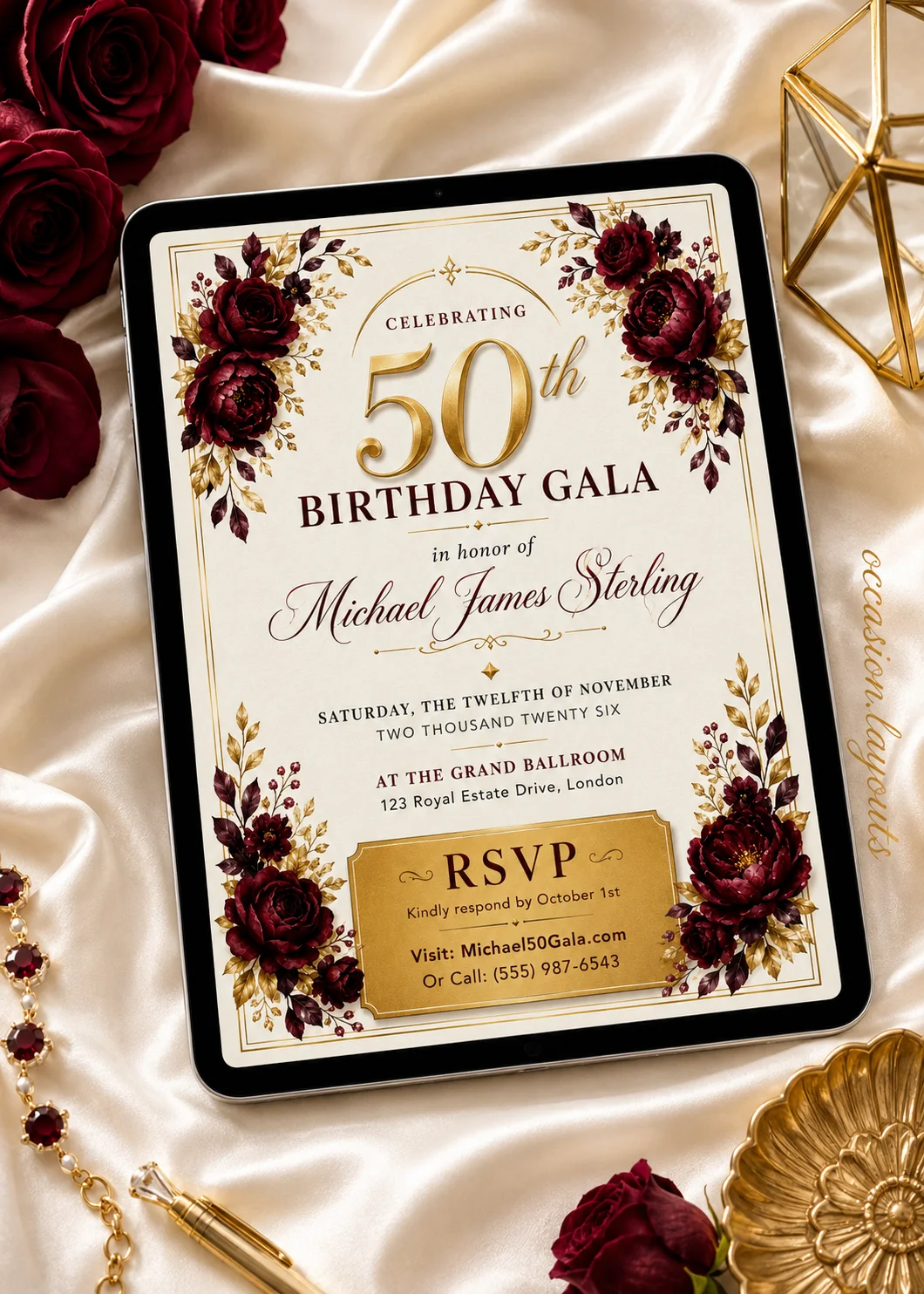 Formal symmetrical typographic 50th birthday invitation. Editable Canva template for elegant gala celebrations.
