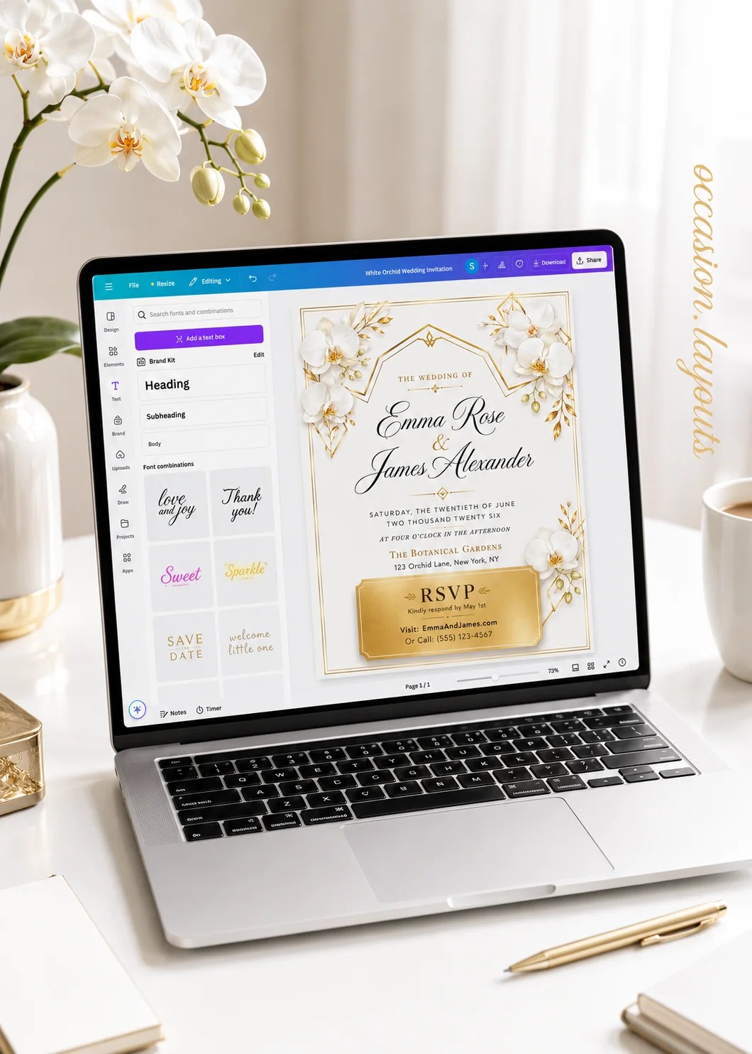 Gold geometric wedding invitation with white orchids, gold accents, and elegant script shown in a Canva editing mockup on a laptop screen.