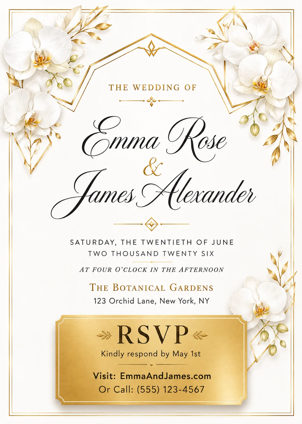 Gold geometric wedding invitation with white orchids, gold accents, and elegant script for Emma Rose and James Alexander.