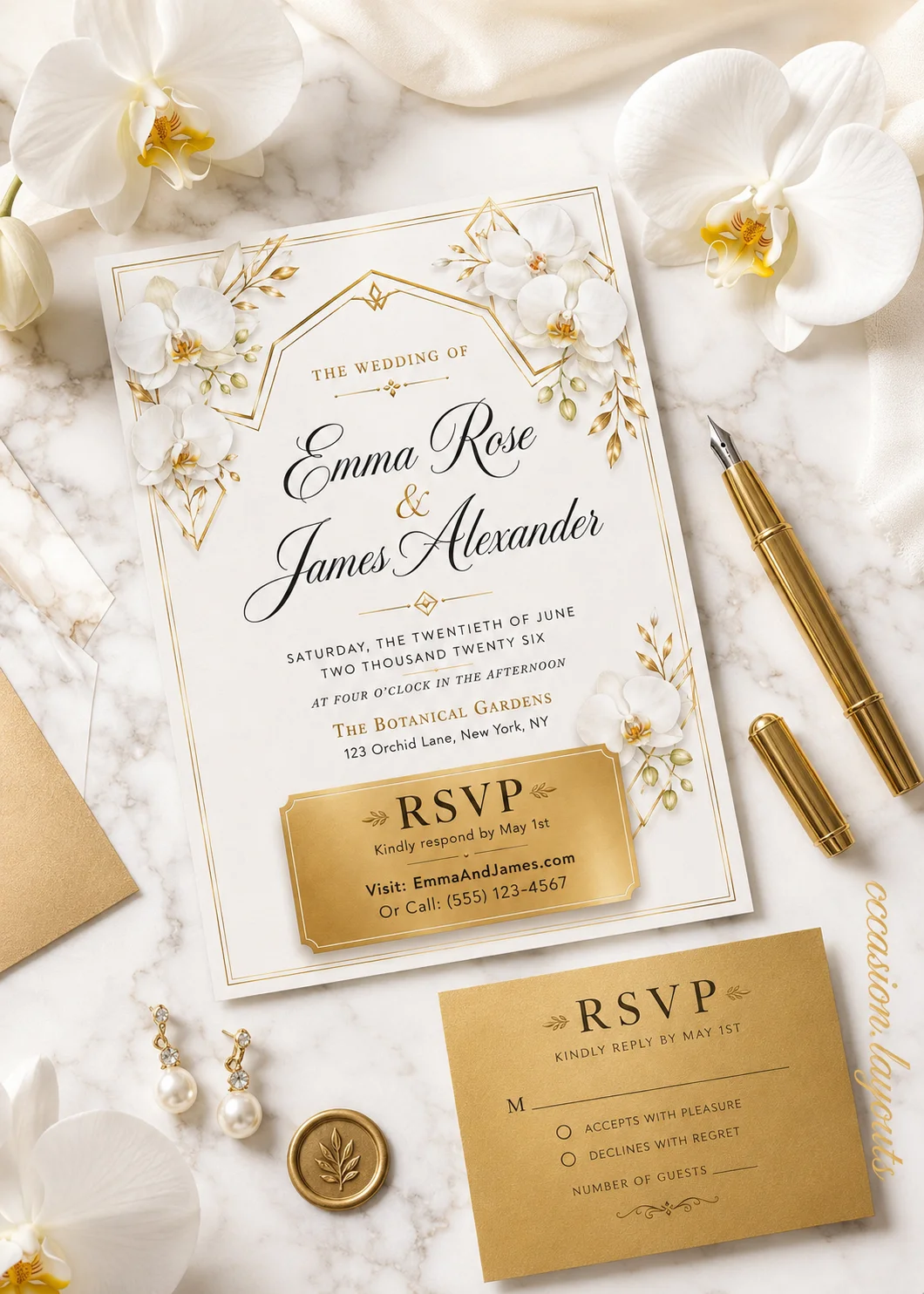 Gold geometric wedding invitation with white orchids, gold accents, and elegant script in a luxury flat-lay bridal setup.