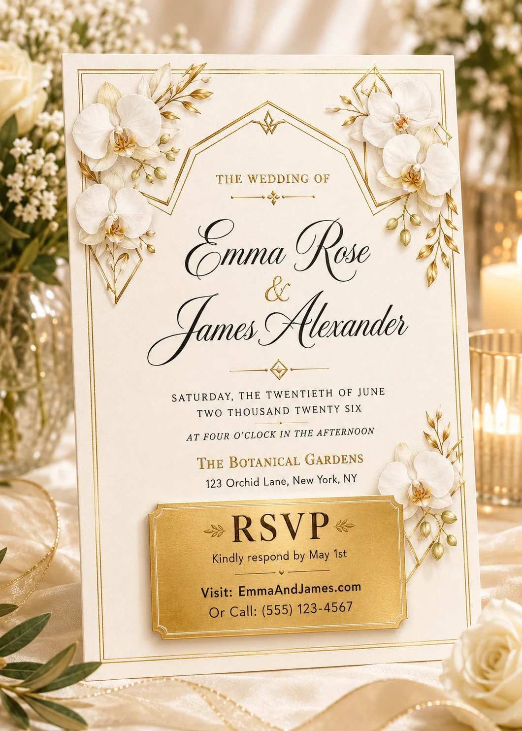 Gold geometric wedding invitation with white orchids, gold accents, and elegant script in a romantic tabletop wedding setup.