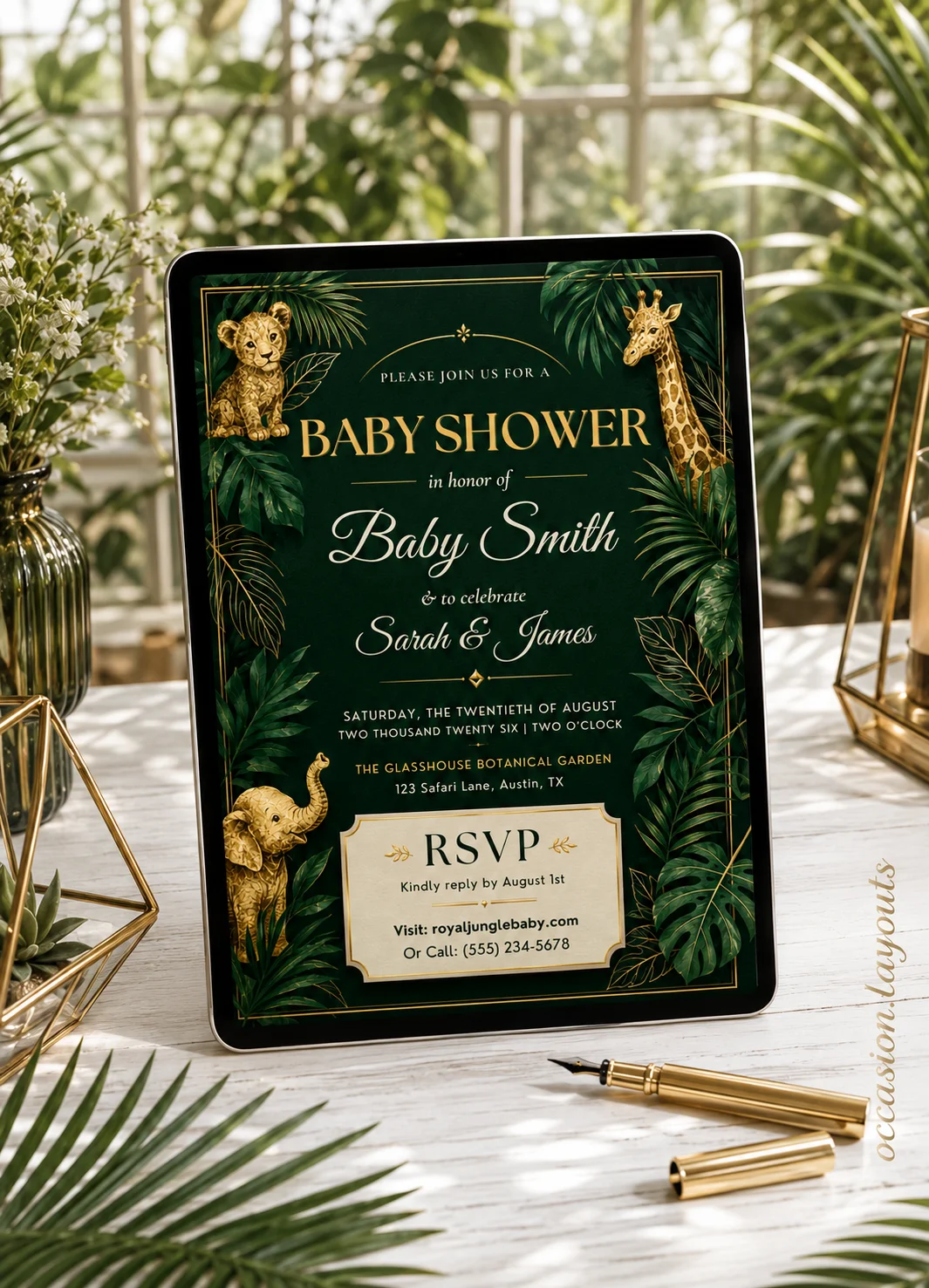Royal Jungle Editable Baby Shower Invitation with lush botanical greenery. Editable Canva template for sophisticated modern parents.