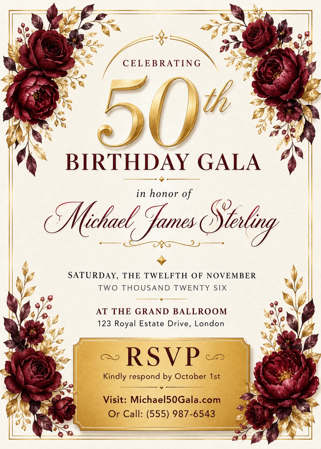 Luxury floral editable birthday invitation with burgundy roses, gold accents, and elegant typography for a 50th birthday gala.