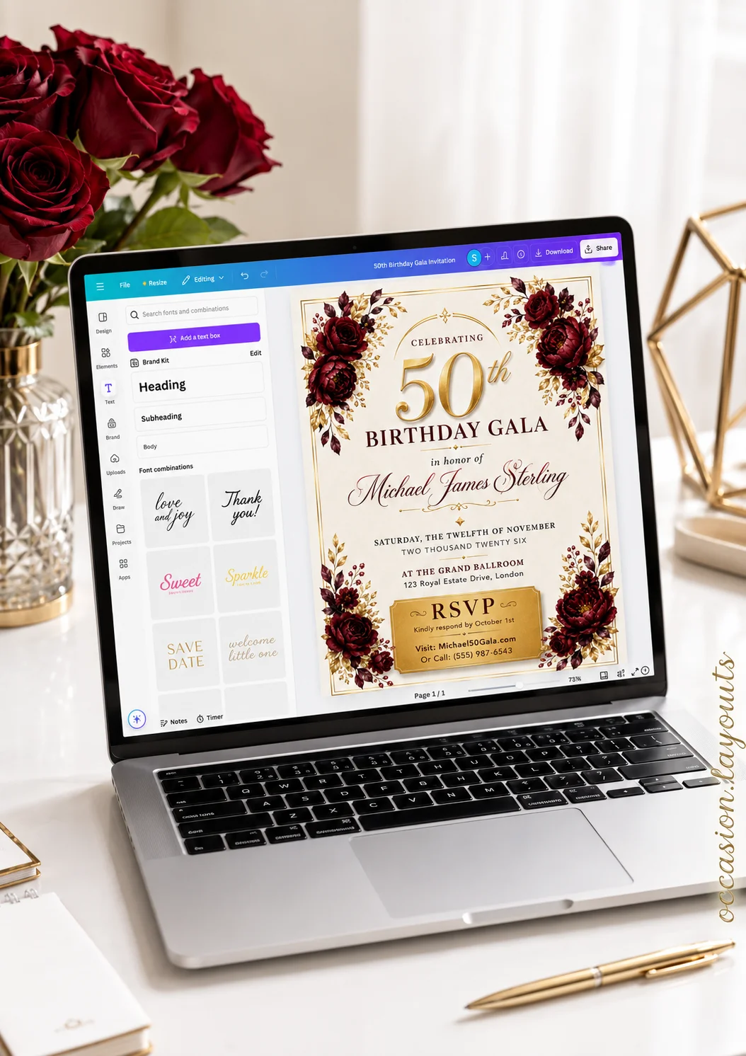 Modern dark navy and gold 50th birthday gala invitation in Canva editor. Editable template for milestone celebrations.