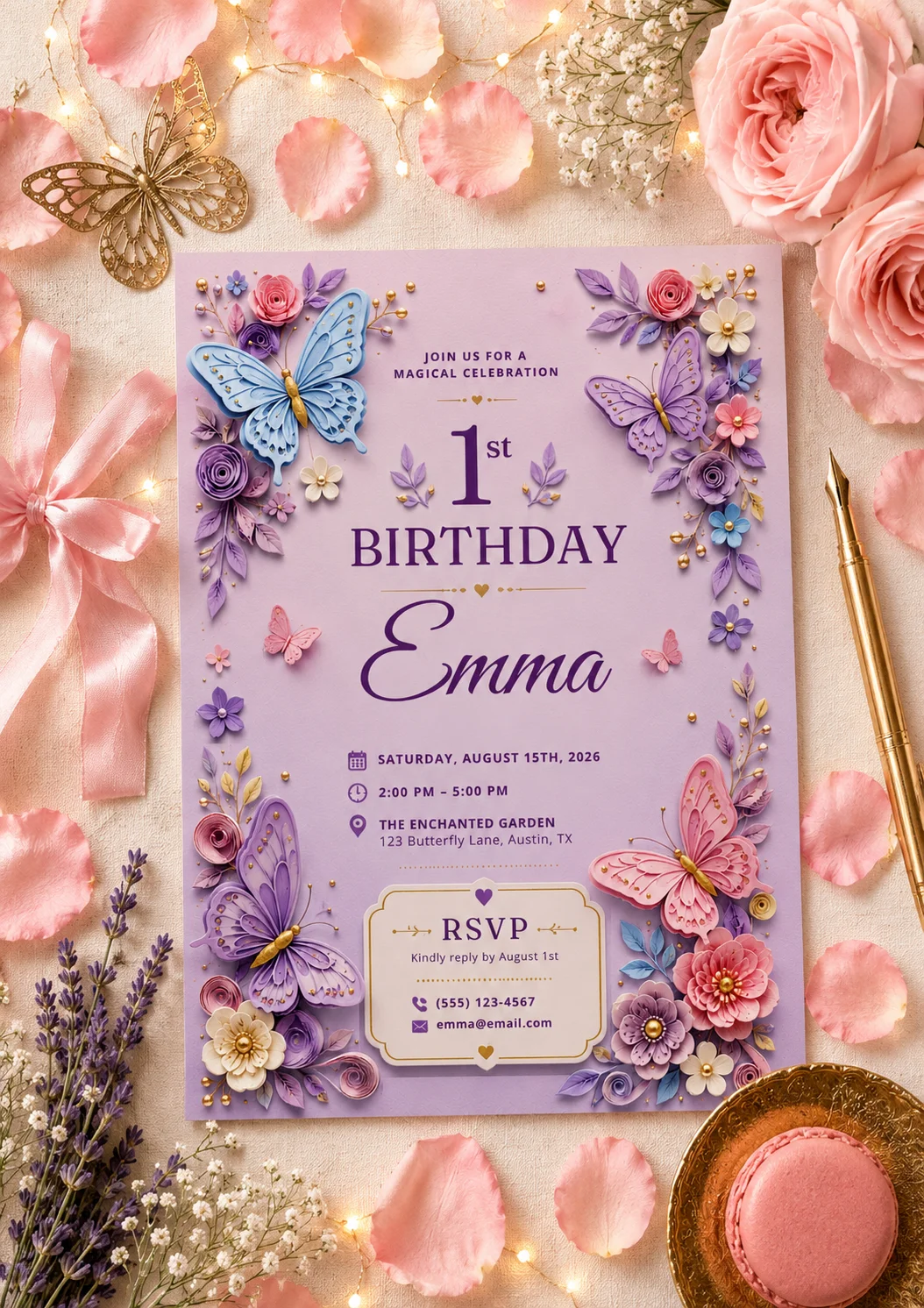 Pastel butterfly editable birthday invitation for Emma's first birthday with garden party details.