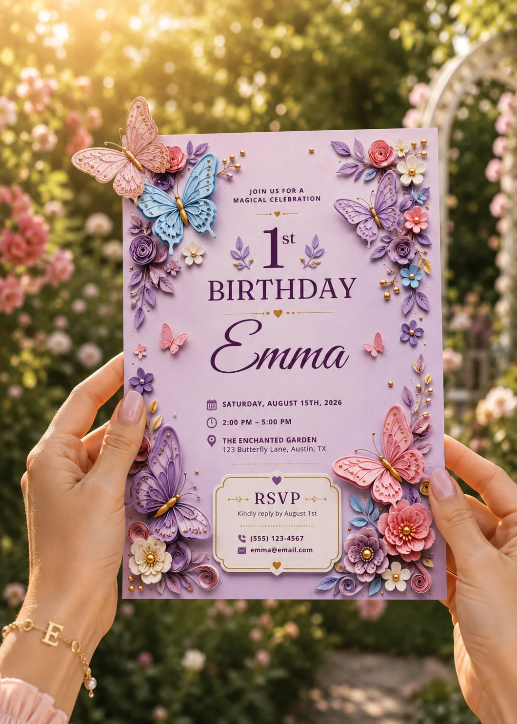 Pastel butterfly editable birthday invitation for Emma's first birthday with RSVP and venue details.