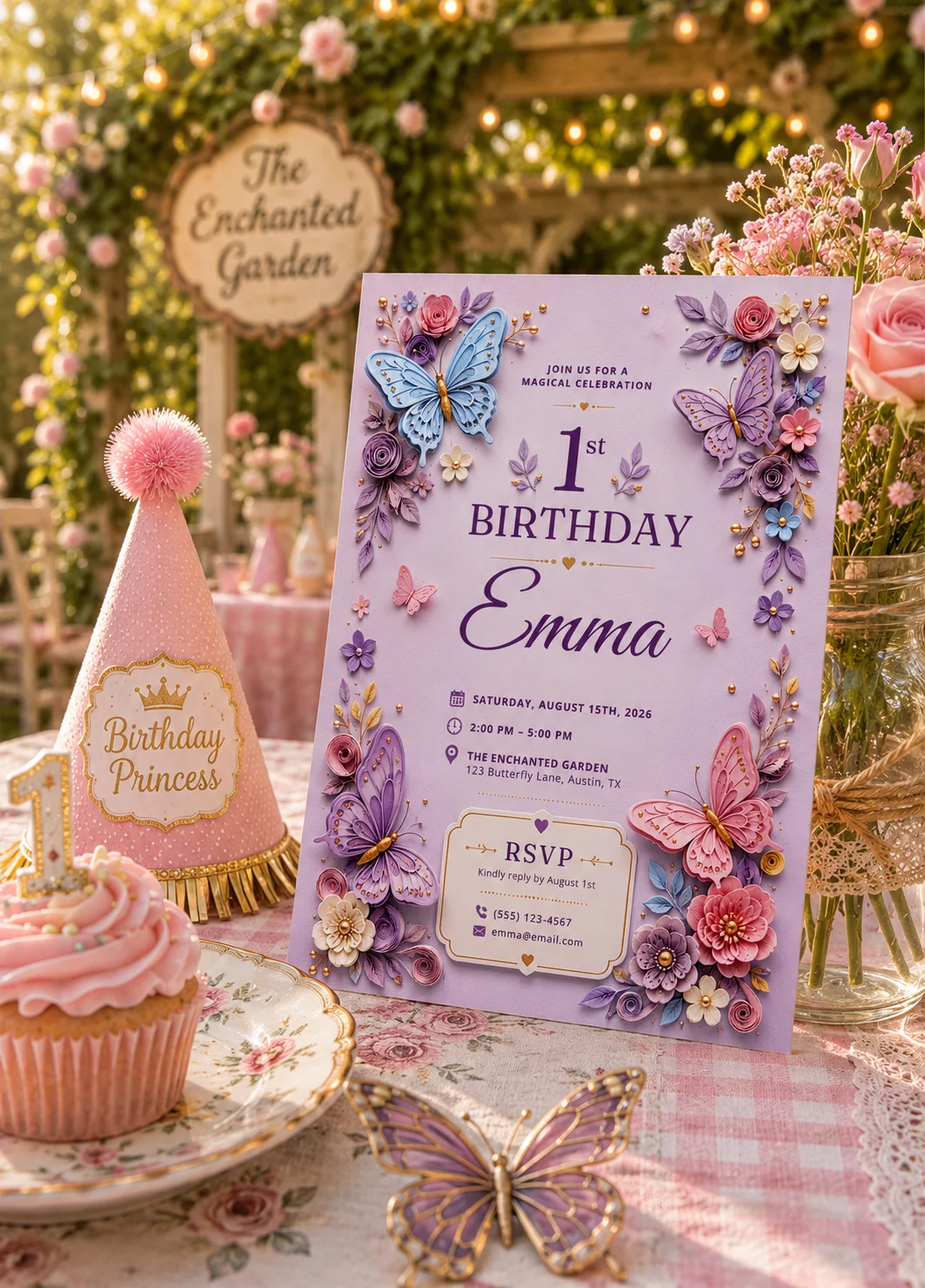 Pastel butterfly editable birthday invitation for Emma's first birthday at the Enchanted Garden venue.
