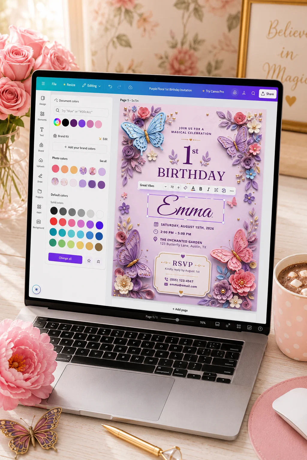 Pastel butterfly editable birthday invitation for Emma's first birthday displayed in Canva editor.
