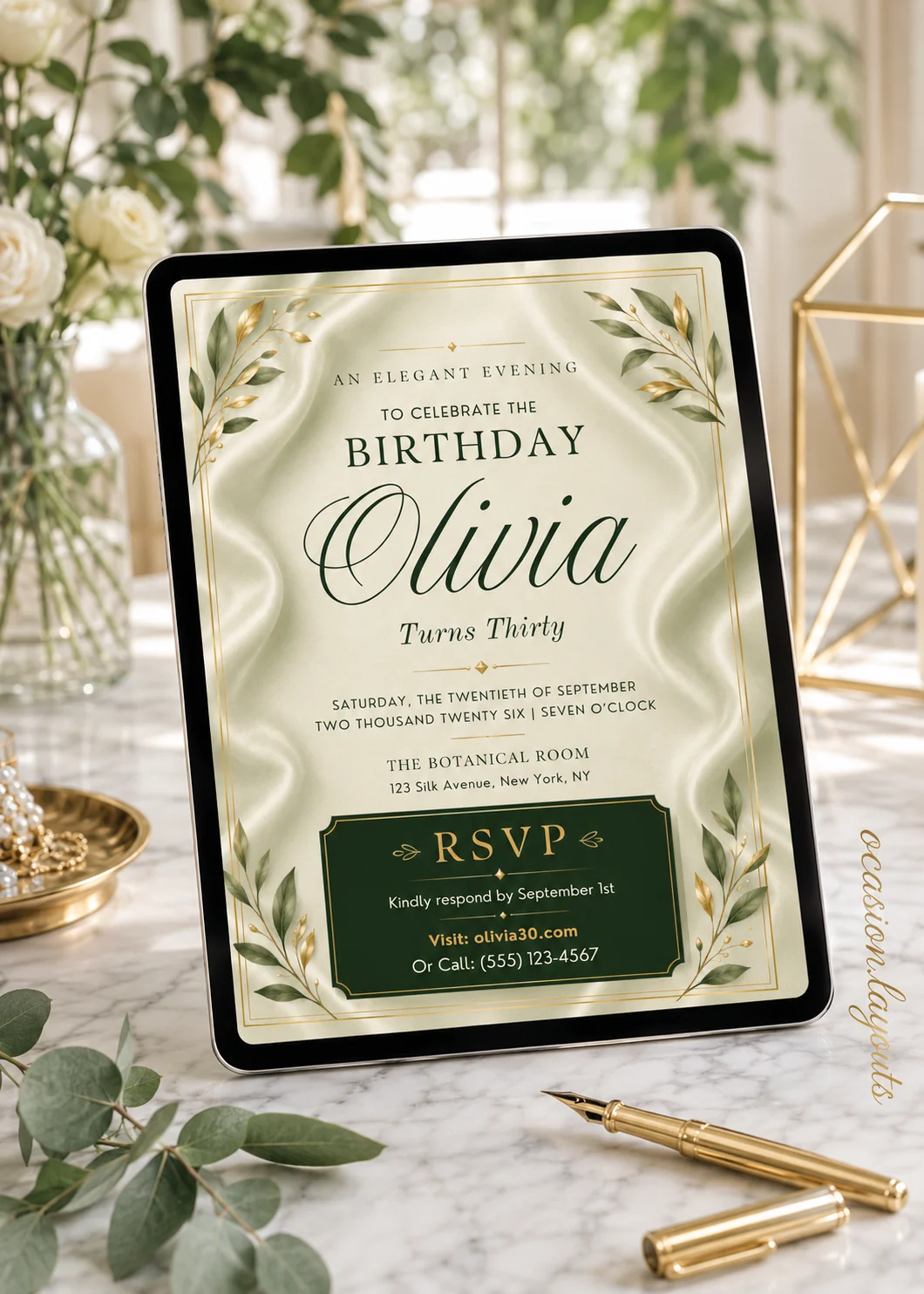 Romantic watercolor floral 30th birthday invitation template with soft pastel accents. Editable Canva design for elegant soirée celebrations.