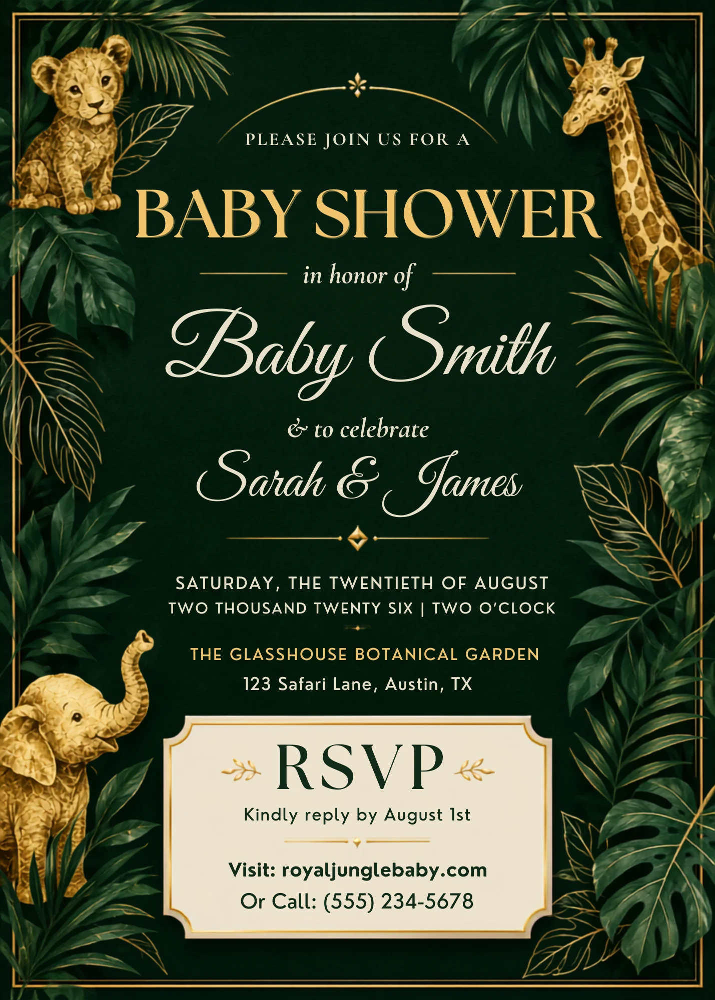 Royal Jungle Editable Baby Shower Invitation with lush botanical safari aesthetic. Modern Canva template for premium e-invites.