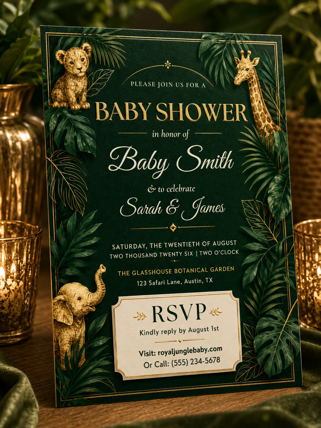 Royal Jungle Editable Baby Shower Invitation with elegant tropical foliage. Editable Canva template for modern botanical celebrations.