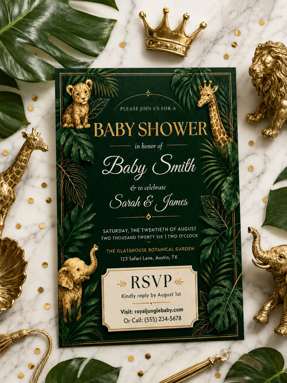 Royal Jungle Editable Baby Shower Invitation with tropical safari foliage. Editable Canva template for adventurous parents-to-be.