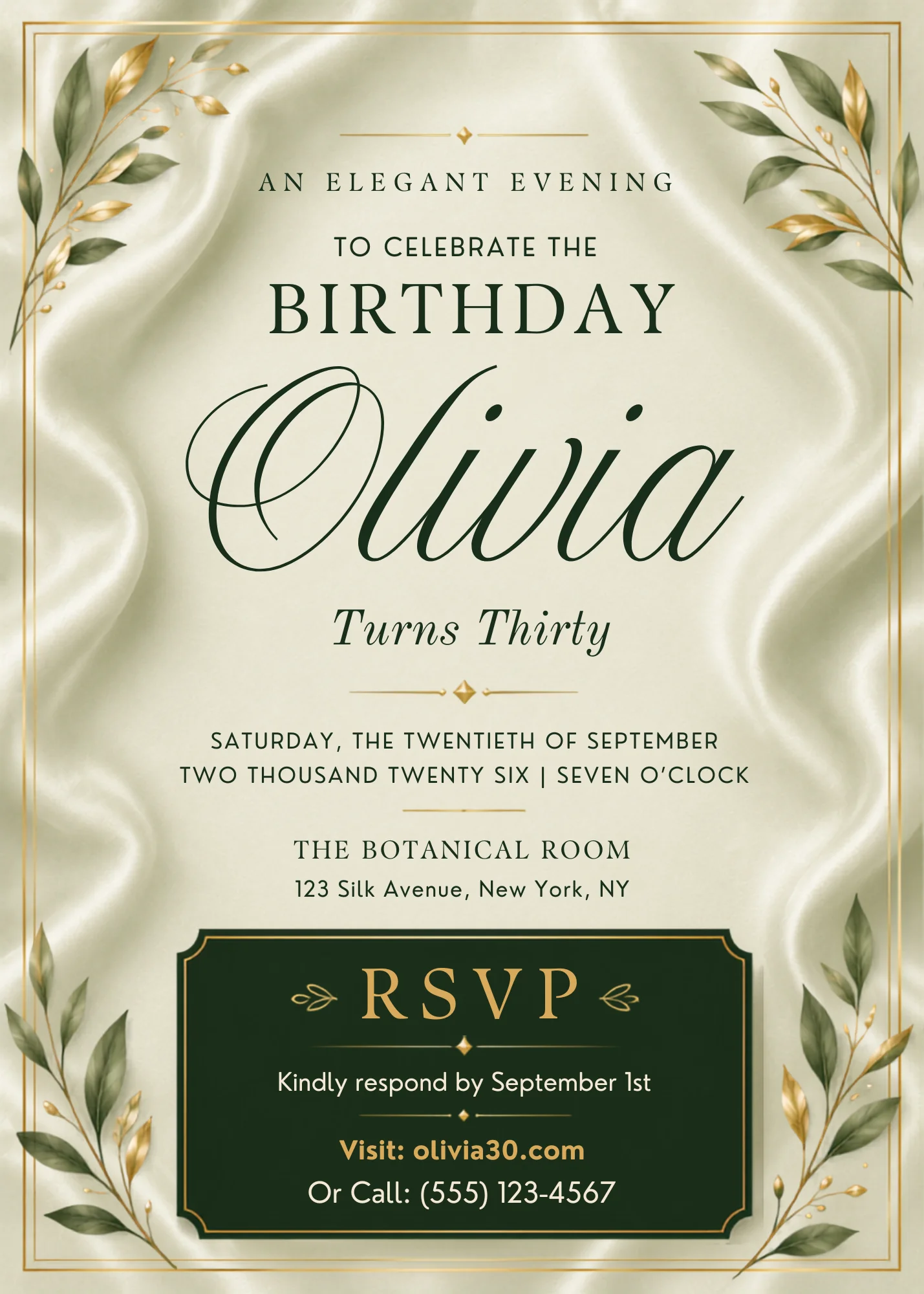 Sage Green Editable Birthday Invitation template with modern rustic aesthetic. Editable Canva design for garden soirée celebrations.