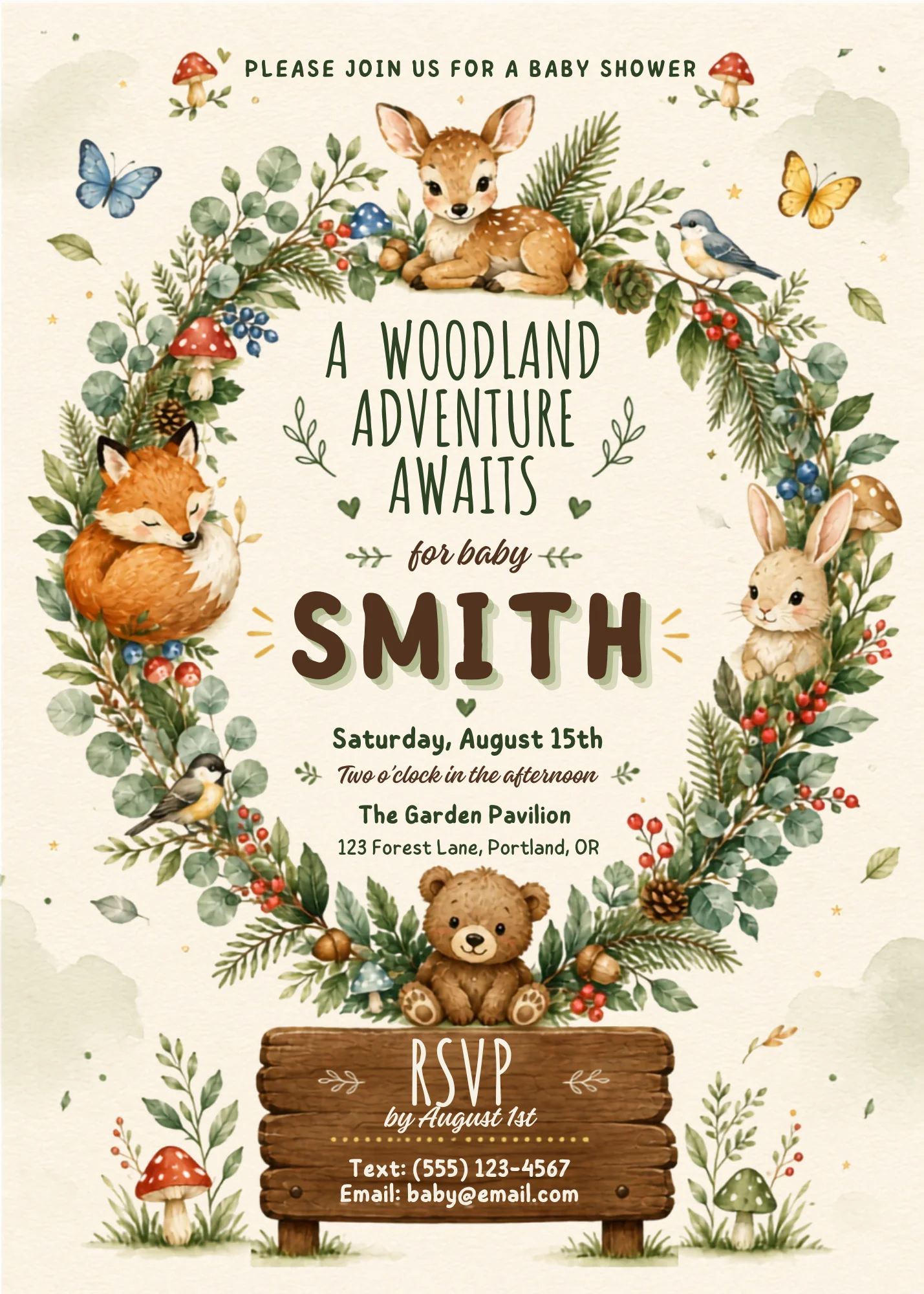 Cute woodland editable baby shower invitation with forest greenery and whimsical typography for the Smith family.