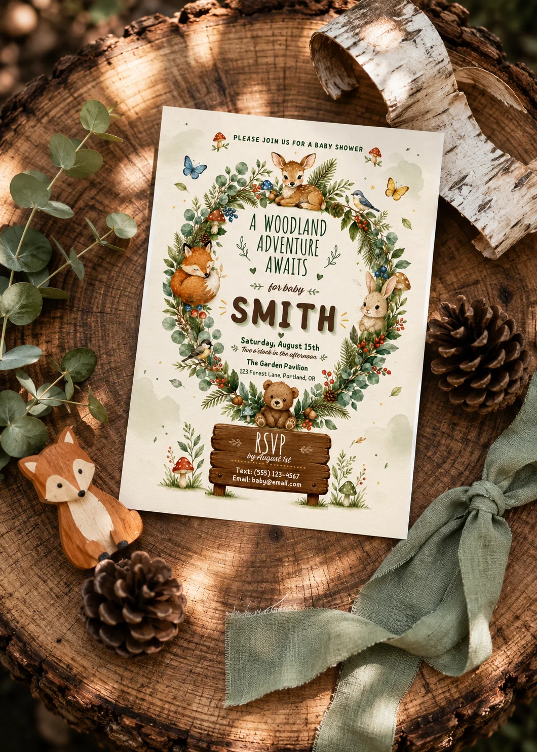 Cute woodland editable baby shower invitation for Smith family with adventure awaits forest theme.