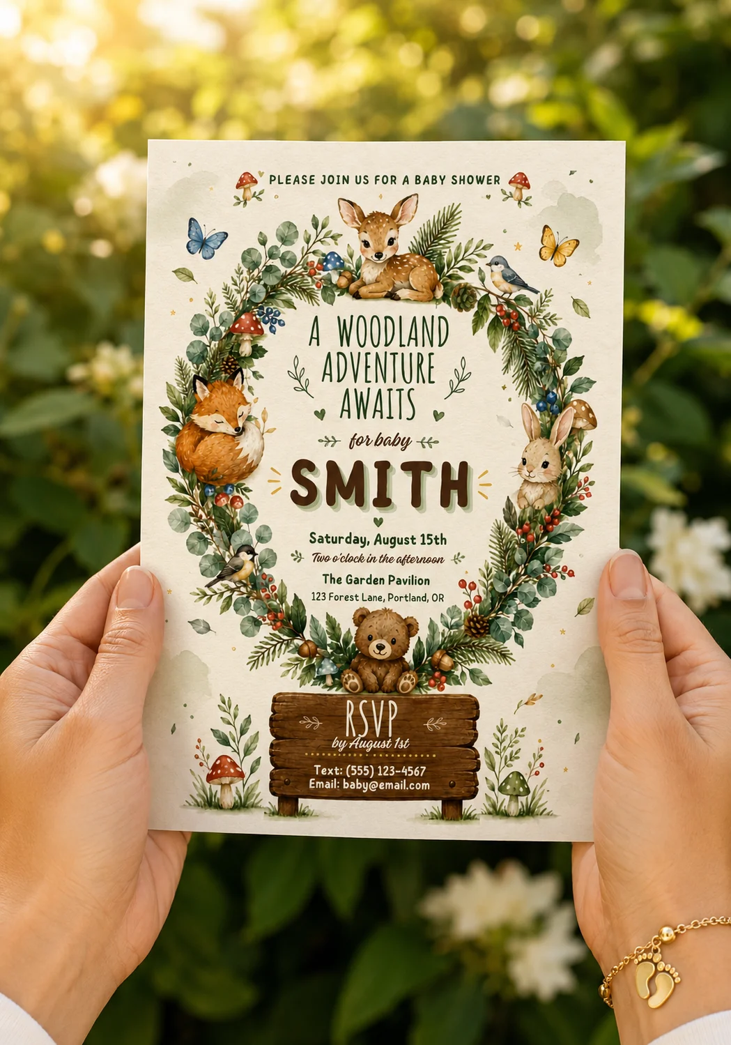Editable woodland baby shower invitation featuring Smith family details and garden pavilion venue.