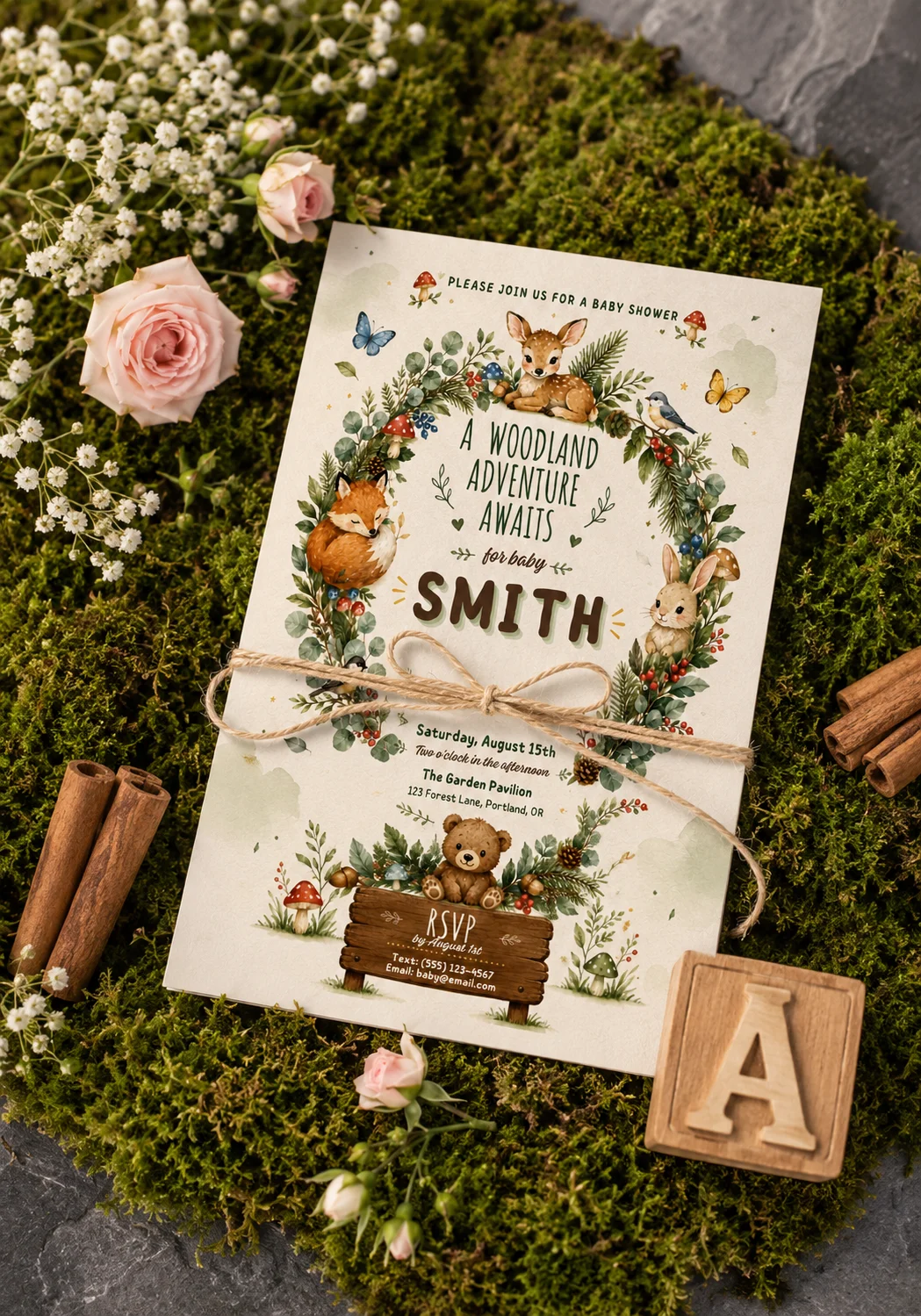 Cute woodland editable baby shower invitation with Smith family and Garden Pavilion venue details.