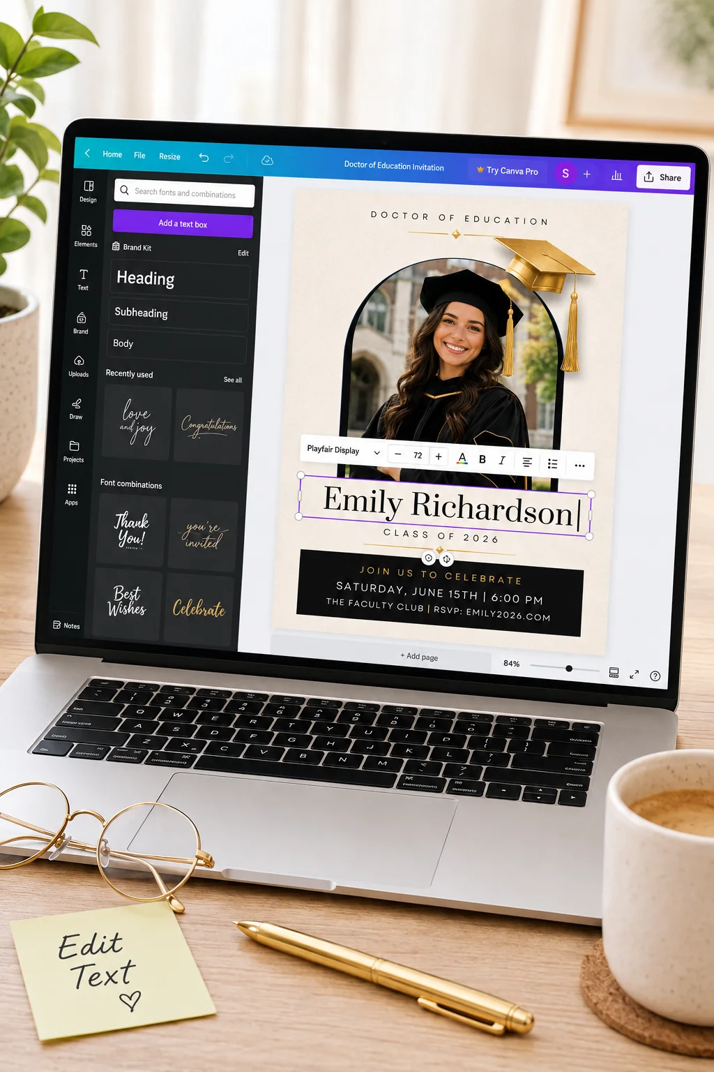 Canva editor interface showing editable graduation invitation template layers for Doctor of Education.