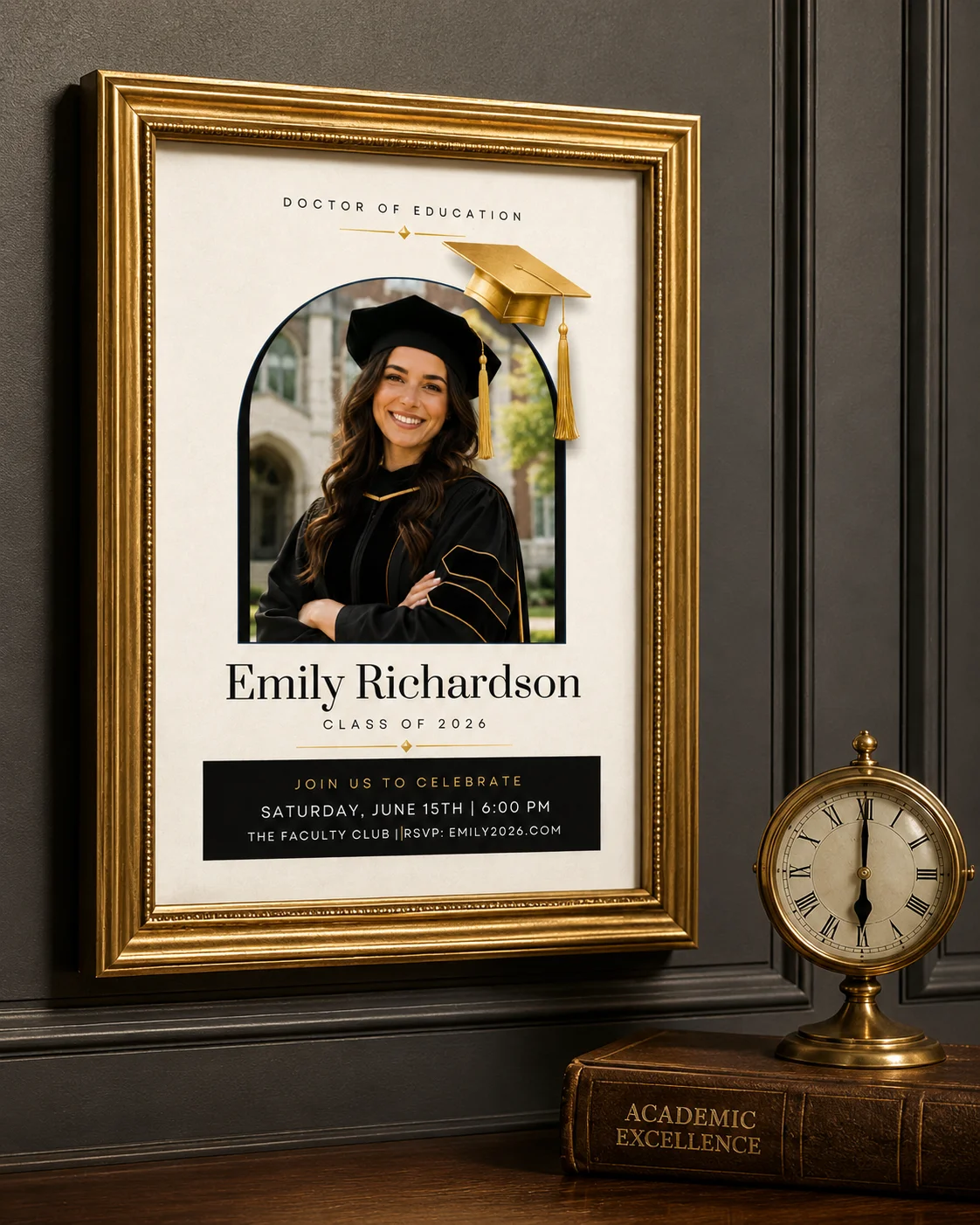 Elegant editable graduation invitation for Doctor of Education Emily Richardson with Academic Excellence crest.