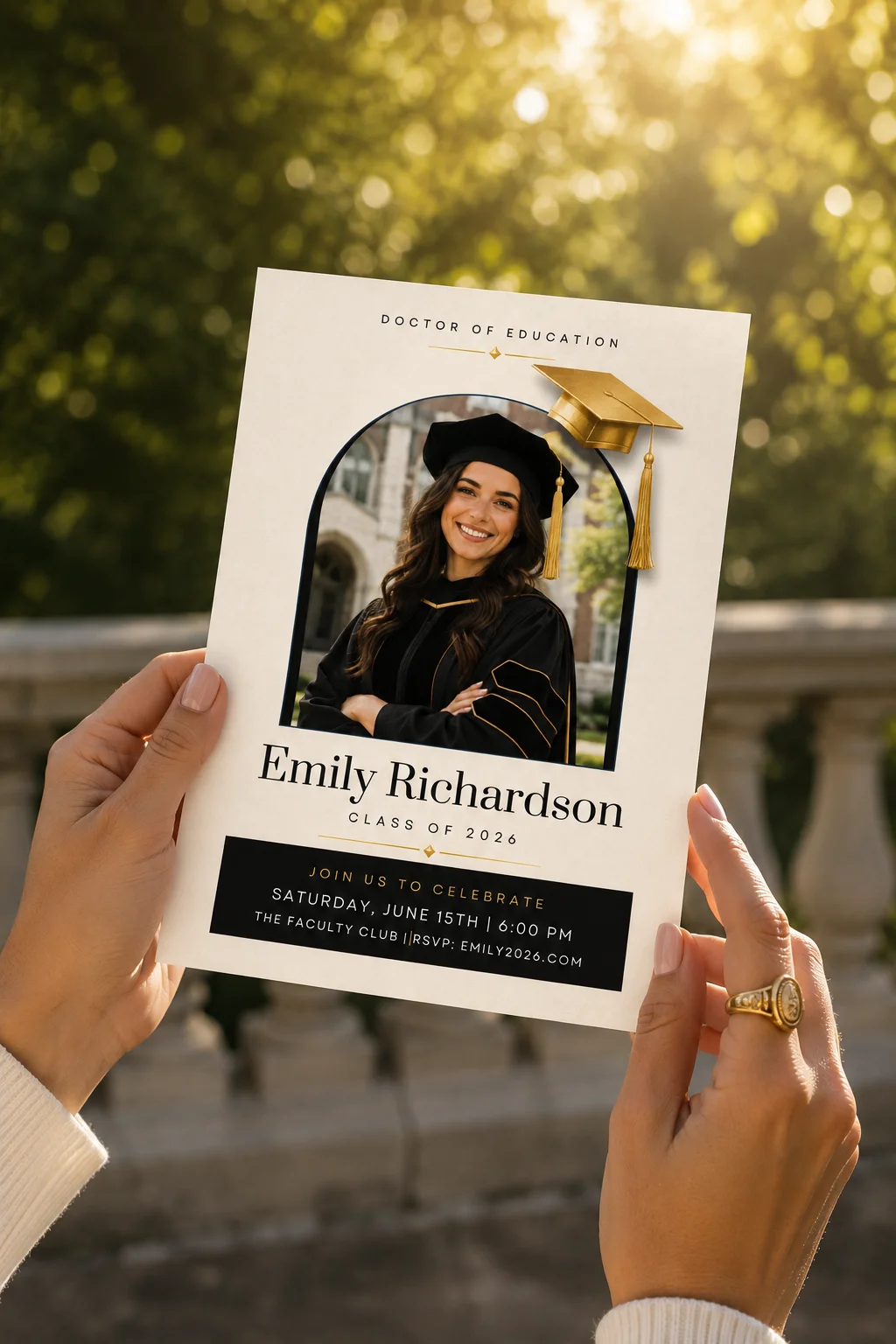 Editable graduation invitation for Doctor of Education Emily Richardson Class of 2026 with formal venue details.