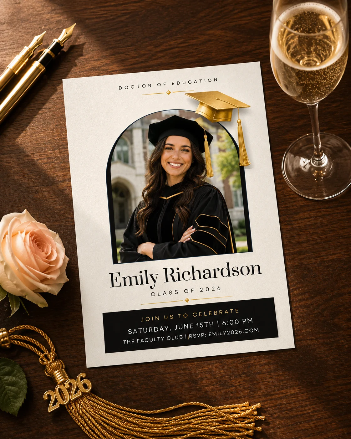 Editable graduation invitation for Doctor of Education Emily Richardson Class of 2026 ceremony.