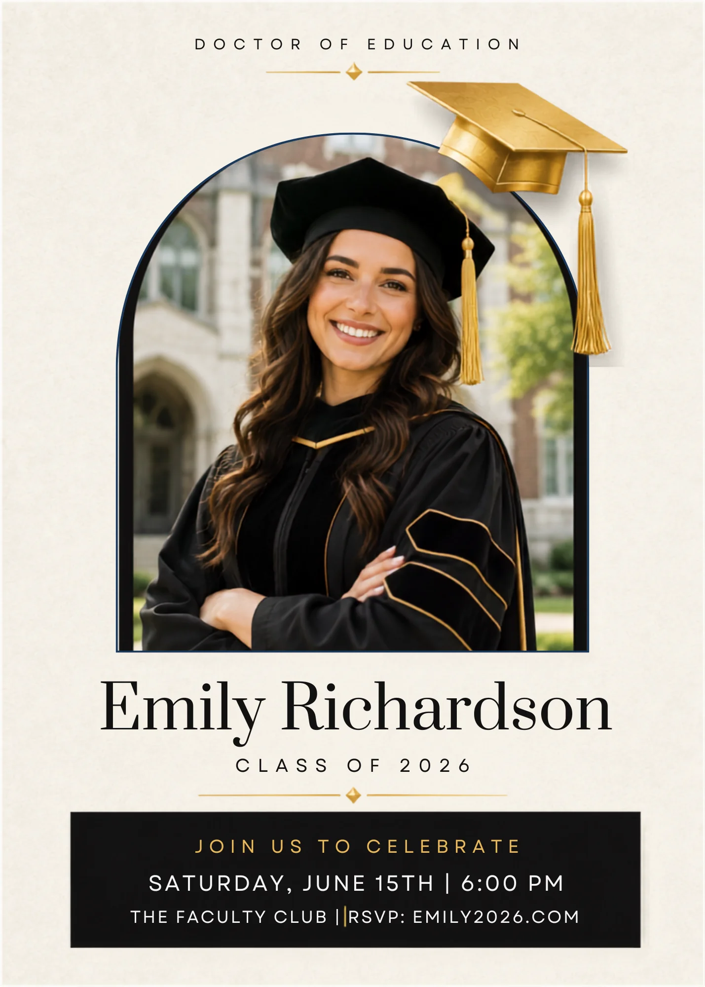 Elegant Photo Editable Graduation Invitation for Emily's Class of 2026 ceremony with gold foil text and photo space.